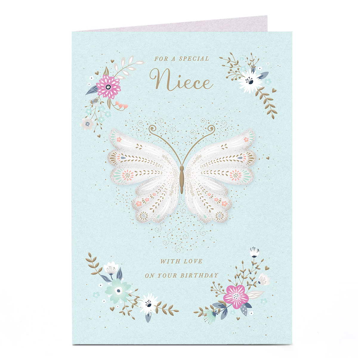 Birthday Card - Pastel Blue Florals and Butterfly, Niece