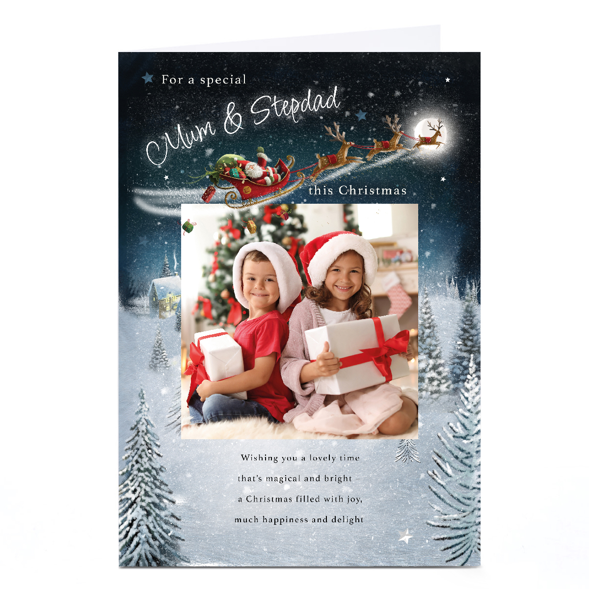 Photo Christmas Card - Santa's Sleigh over Snowy Town, Mum and Stepdad