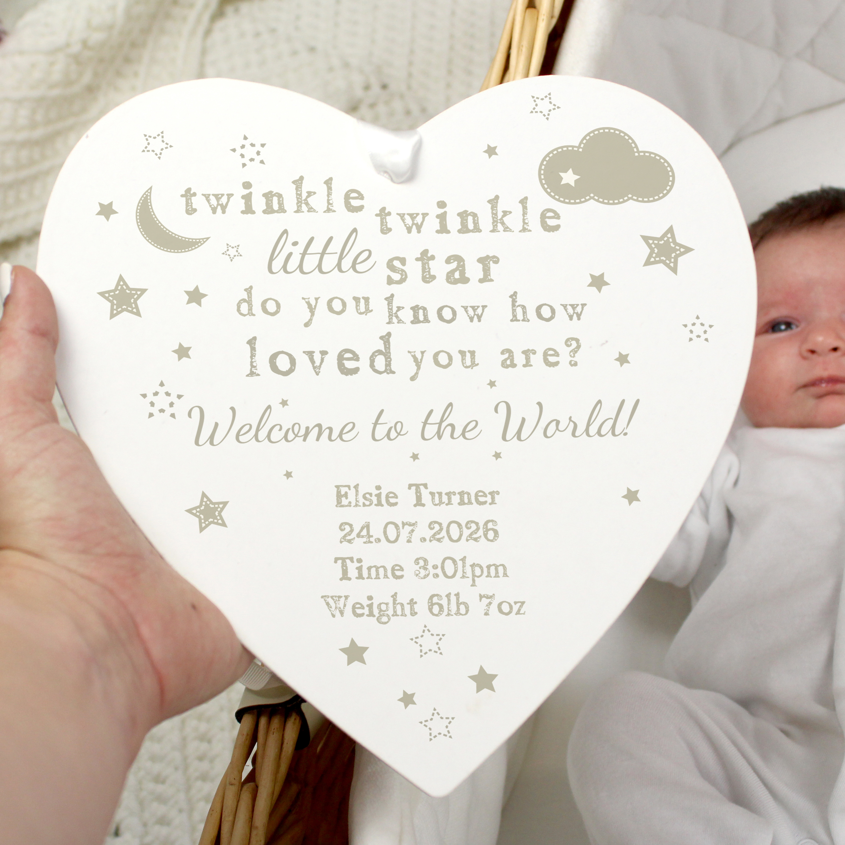 Personalised Twinkle Twinkle Large Wooden Heart Decoration