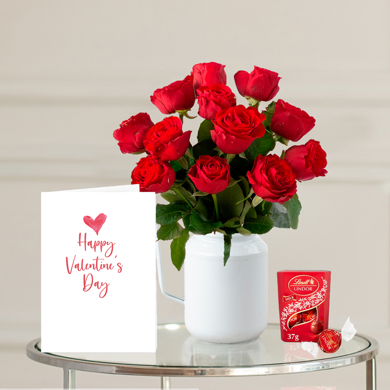 12 Letterbox Red Roses, Lindor Chocolates & Valentine's Card Bundle