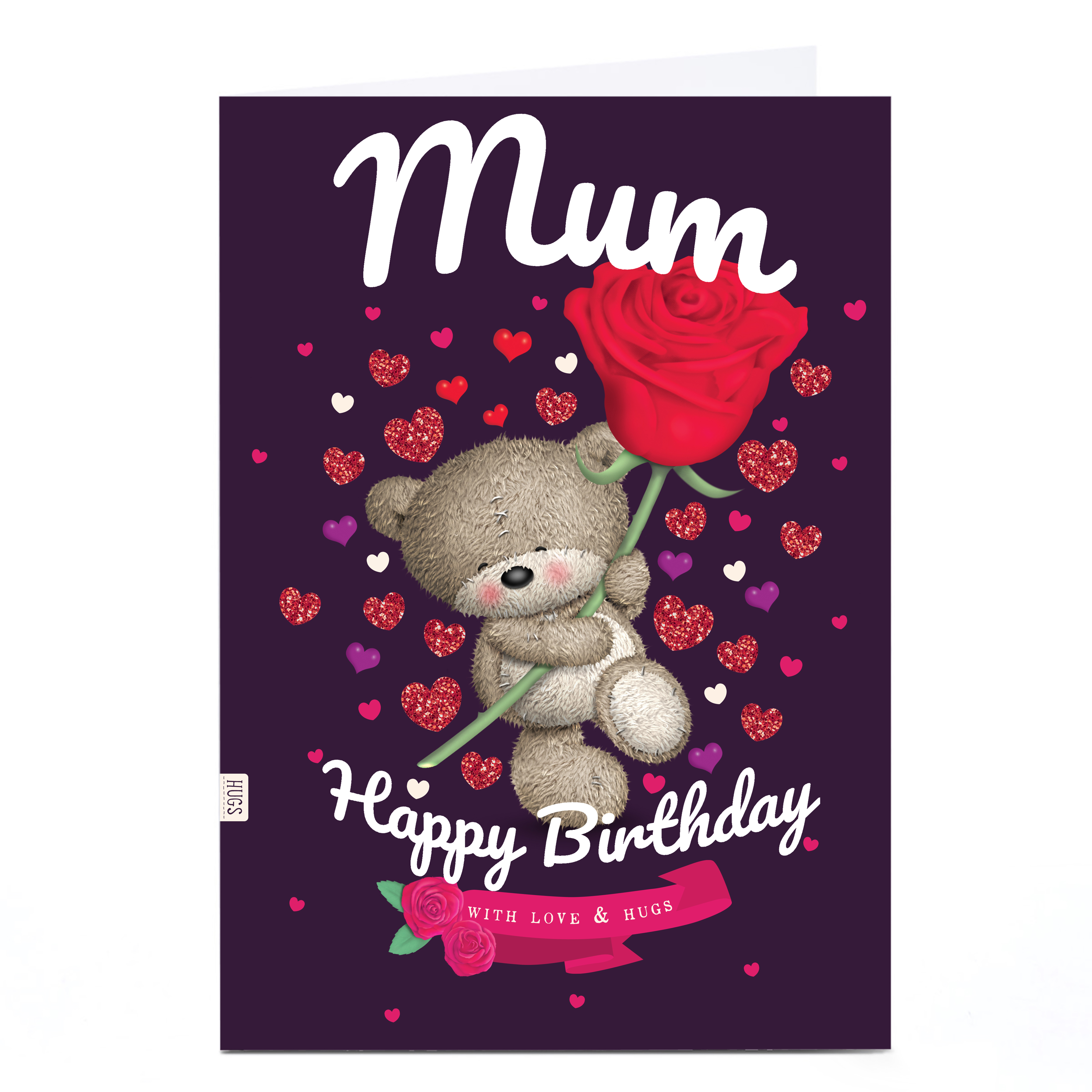 Personalised Hugs Bear Birthday Card - Bear with Rose, Mum