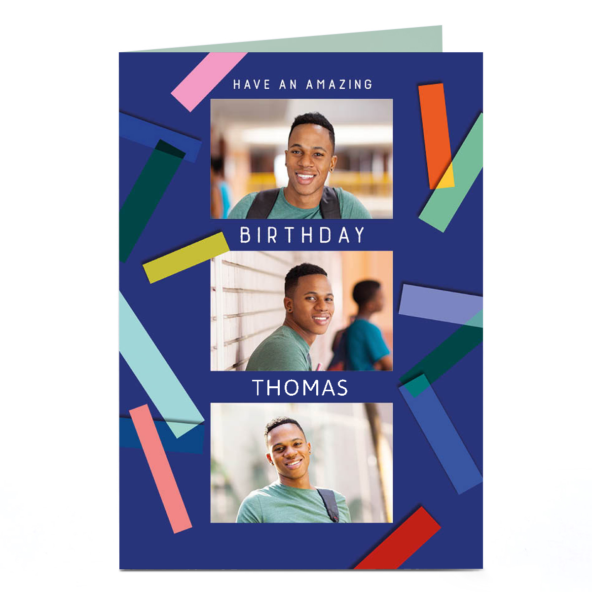 Photo Birthday Card - Coloured Strips, Any Name