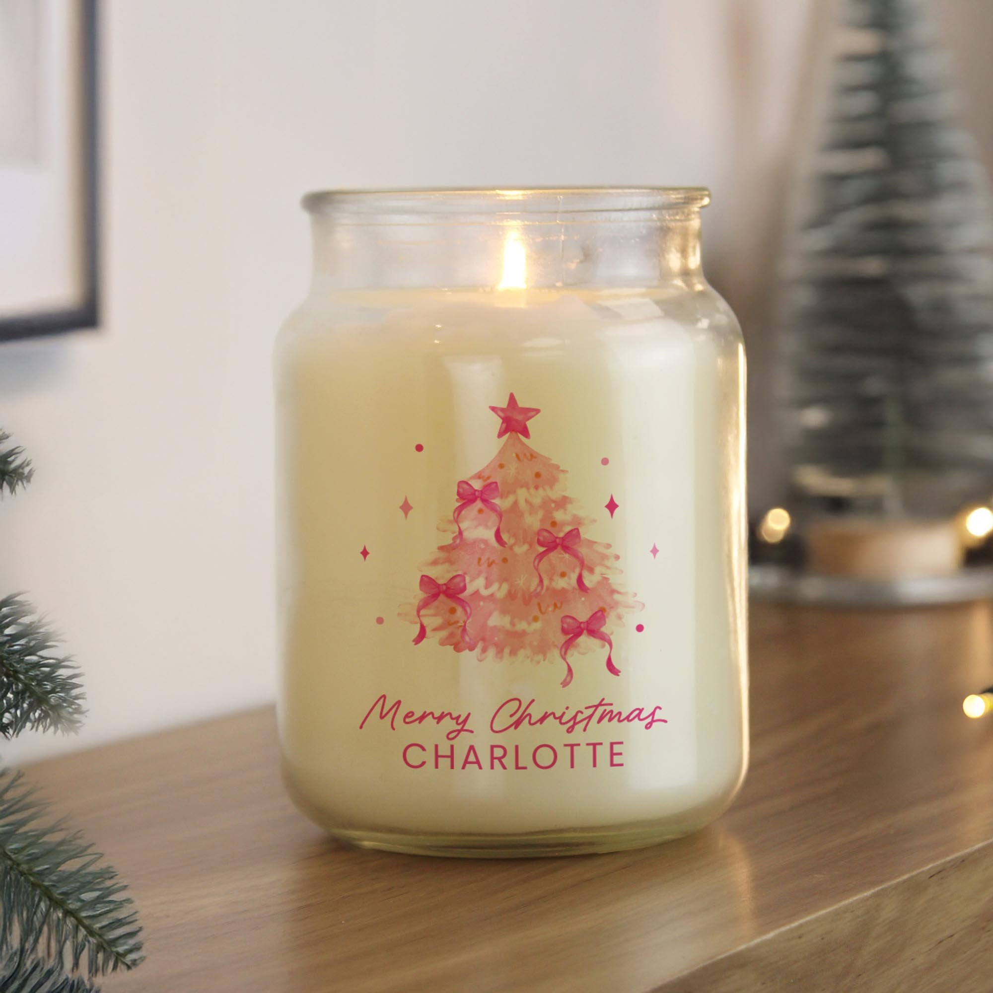 Personalised Pink Christmas Tree Large Candle Jar,  Personalised Pink Christmas Tree Large Candle Jar