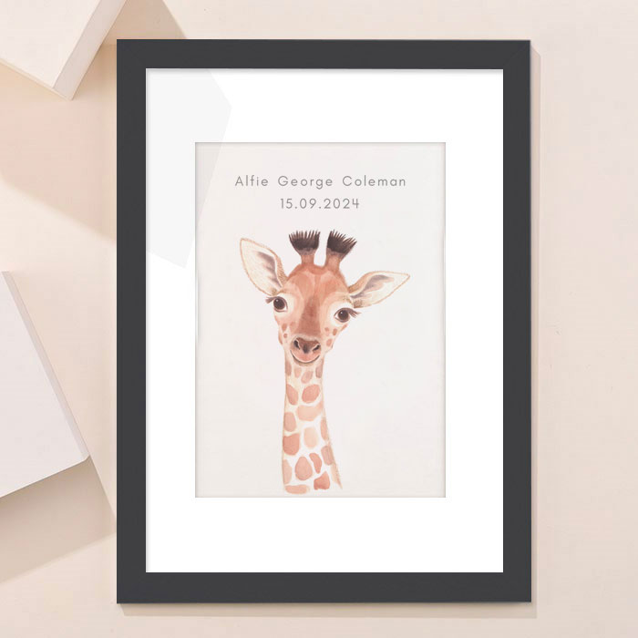 Personalised New Born Giraffe Framed Print