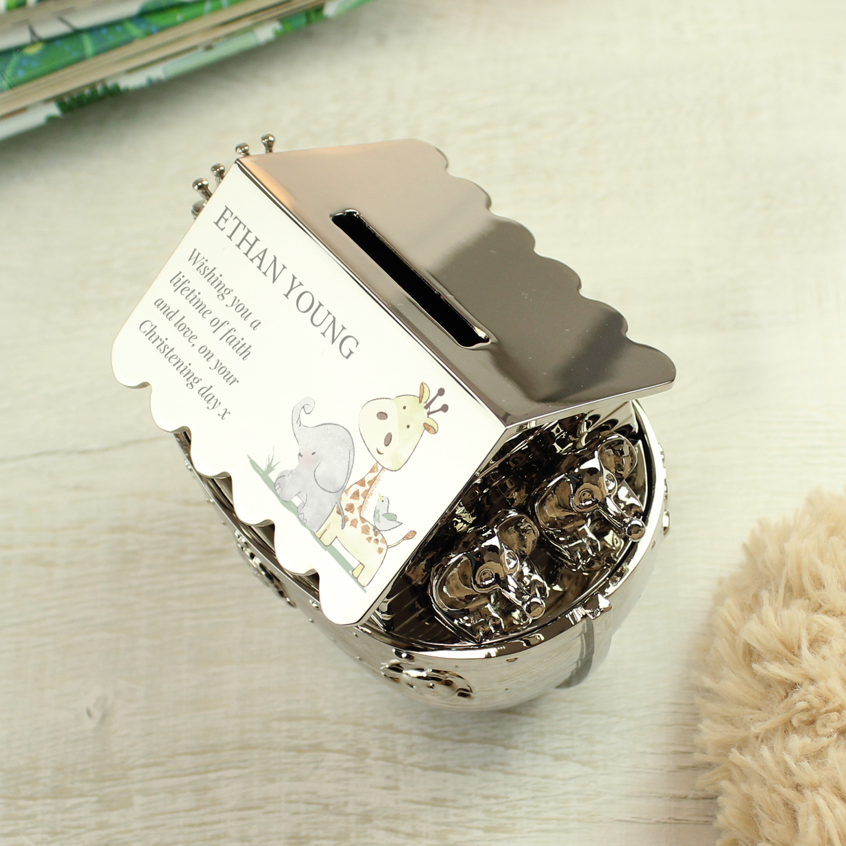 Personalised Hessian Friends Noah's Ark Money Box