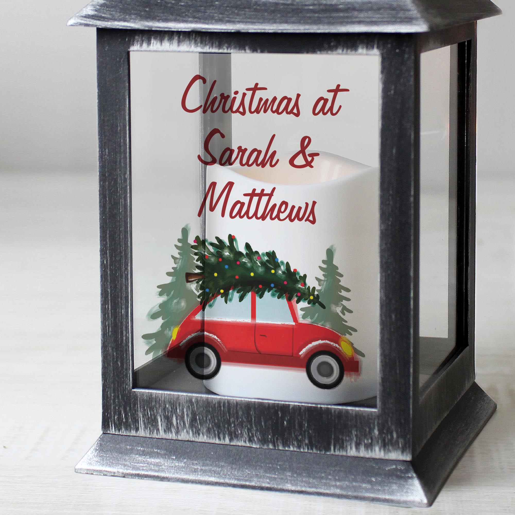 Personalised 'Driving Home For Christmas' Rustic Black Lantern,  Personalised 'Driving Home For Christmas' Rustic Black Lantern
