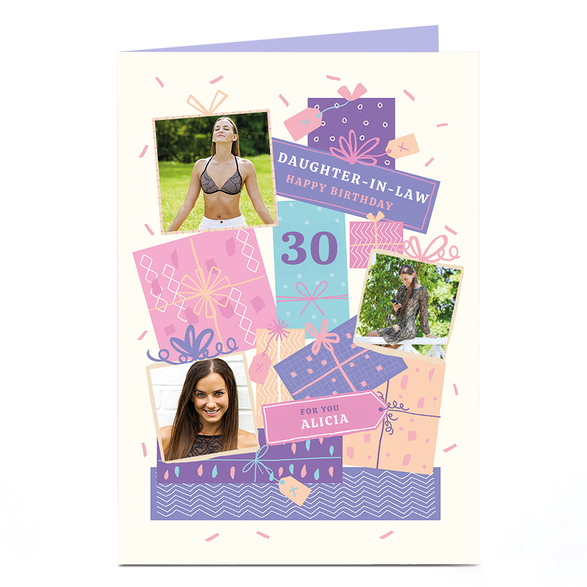 Photo Birthday Card - Pink & Purple Presents, Editable Age