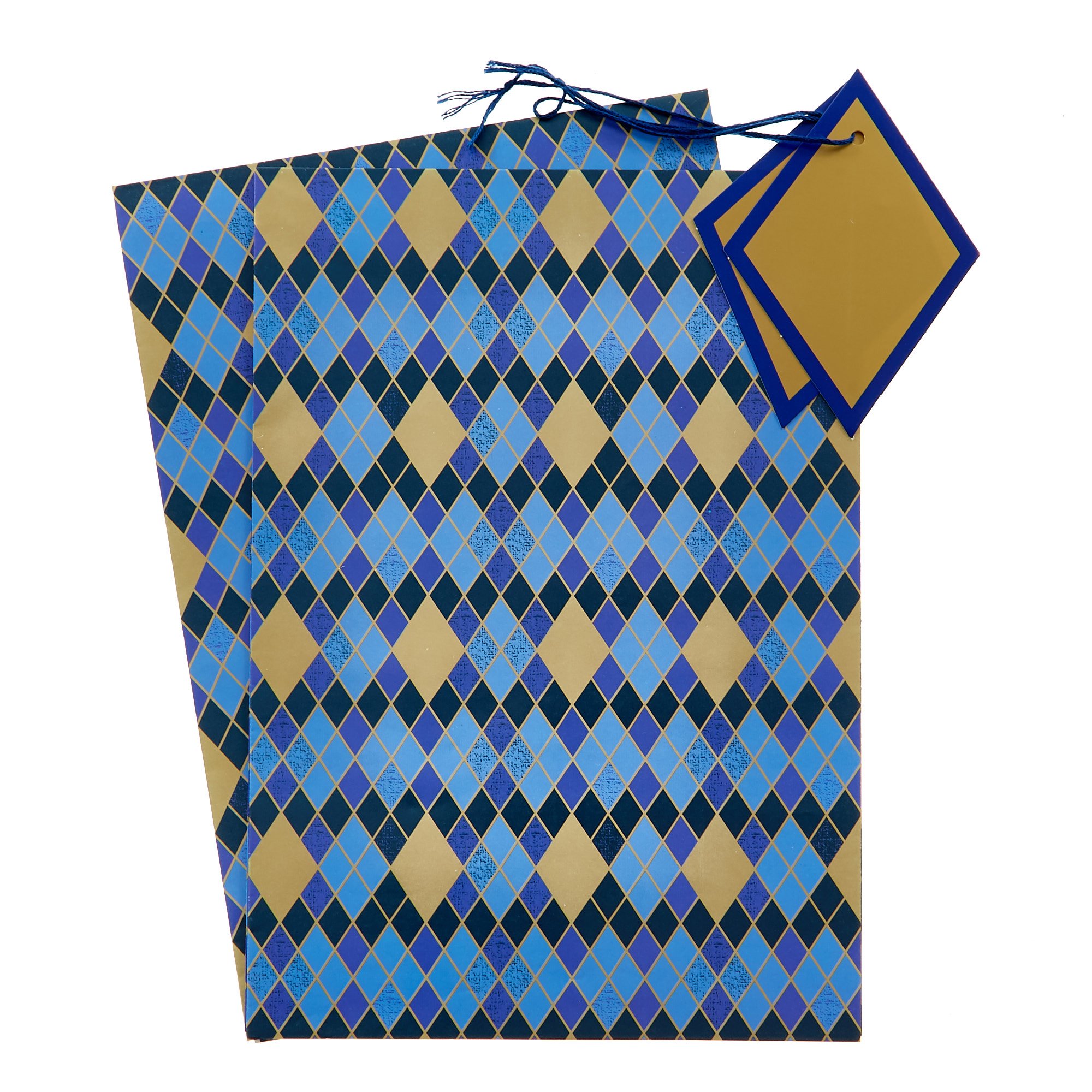 Blue & Gold Diamonds Wrapping Paper & Gift Tags - Pack of 2