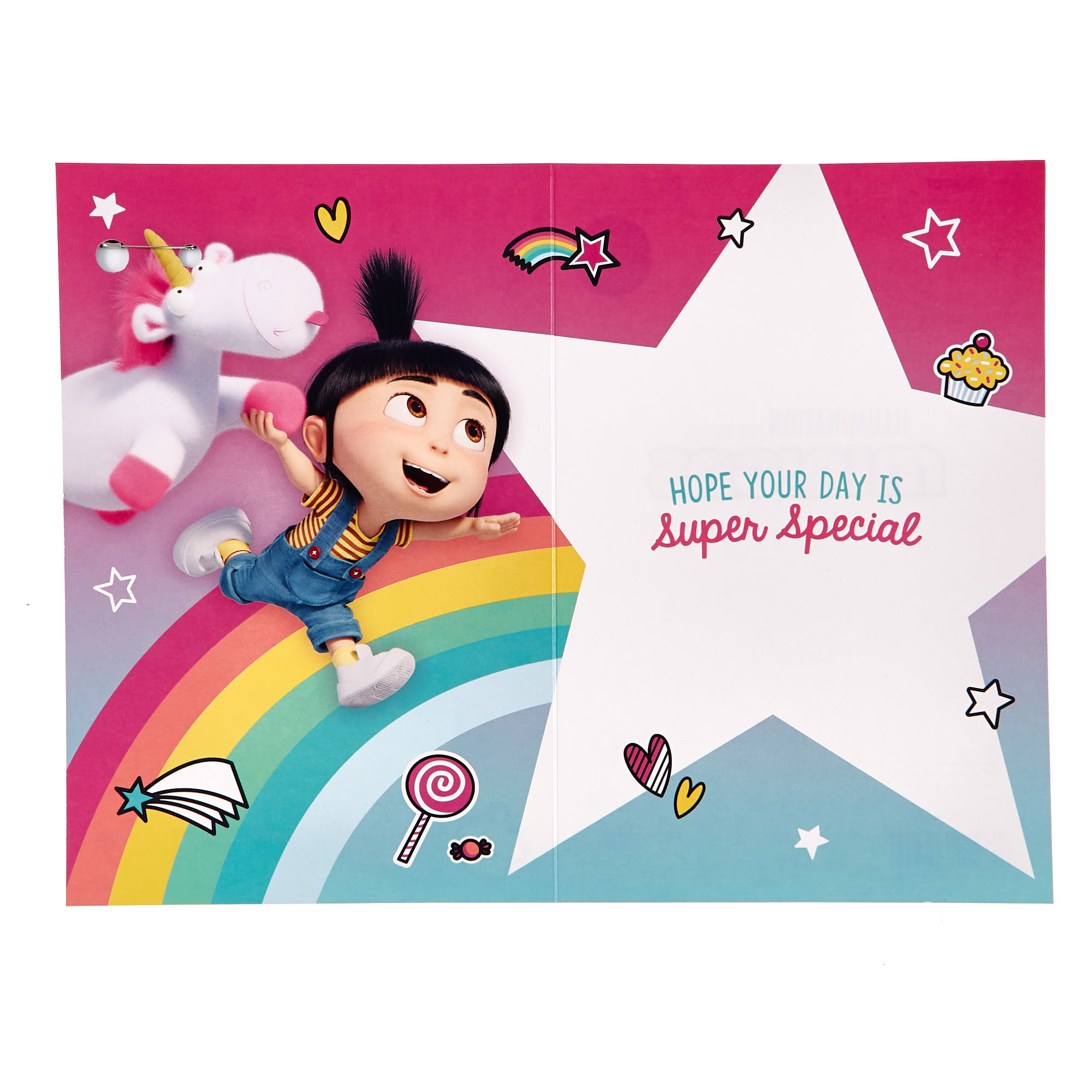 Agnes & Fluffy Minions Birthday Card With Badge