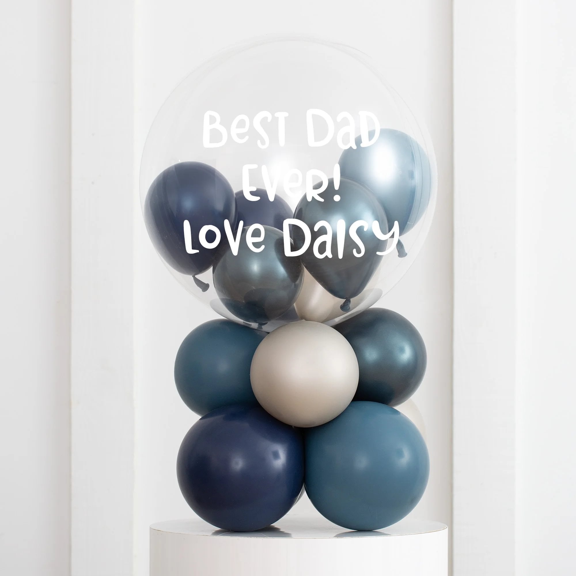 Personalised Blue Mini Filled Bubble Balloon Stack - Delivered Inflated!