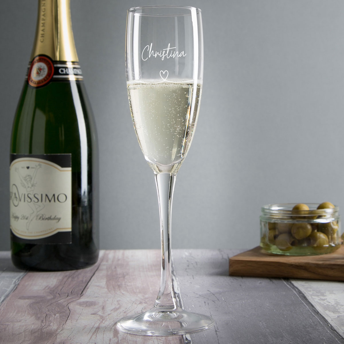 Personalised Engraved Champagne Flute - Heart & Name Love Story