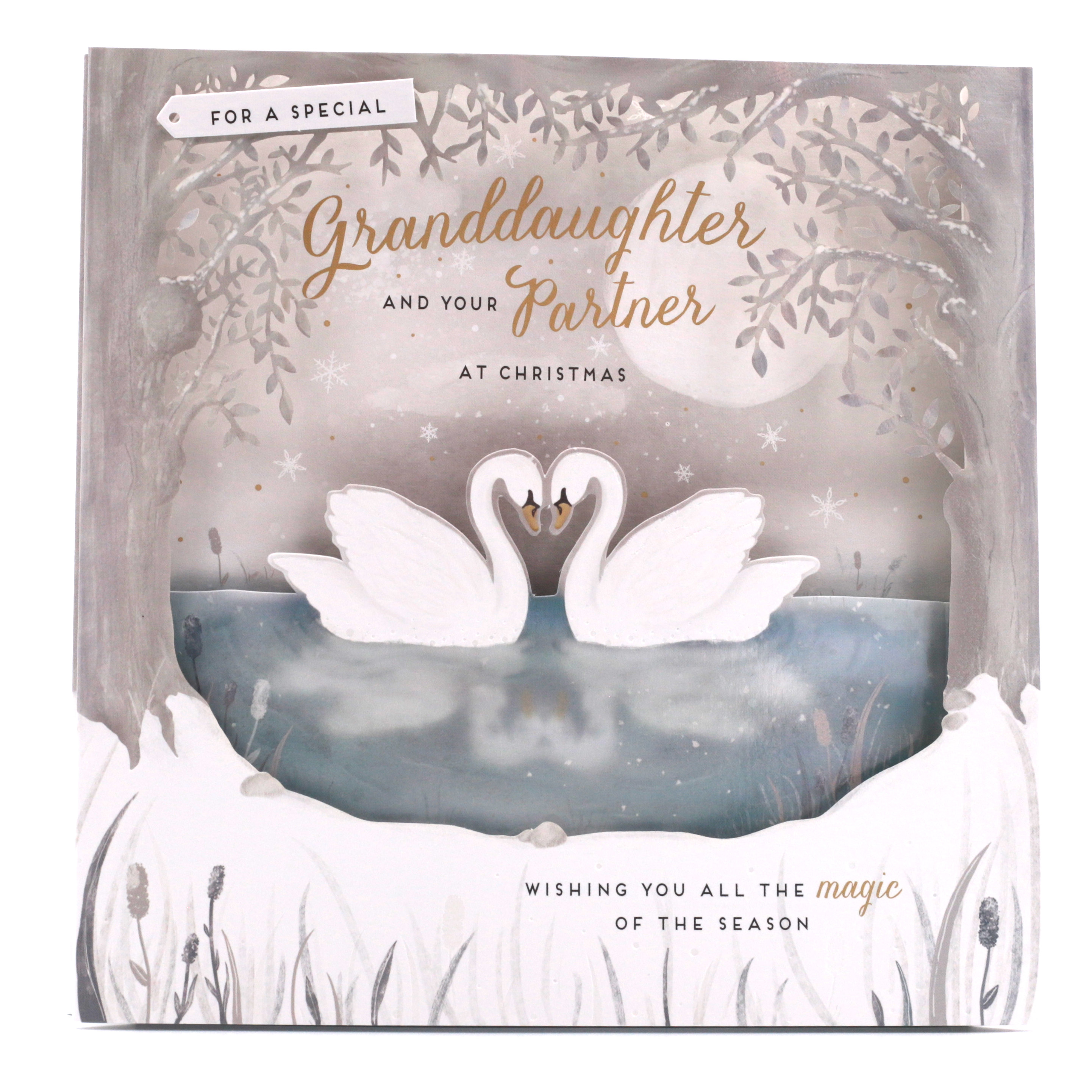 Exquisite Collection Christmas Card - Granddaughter & Partner, 3D Swans