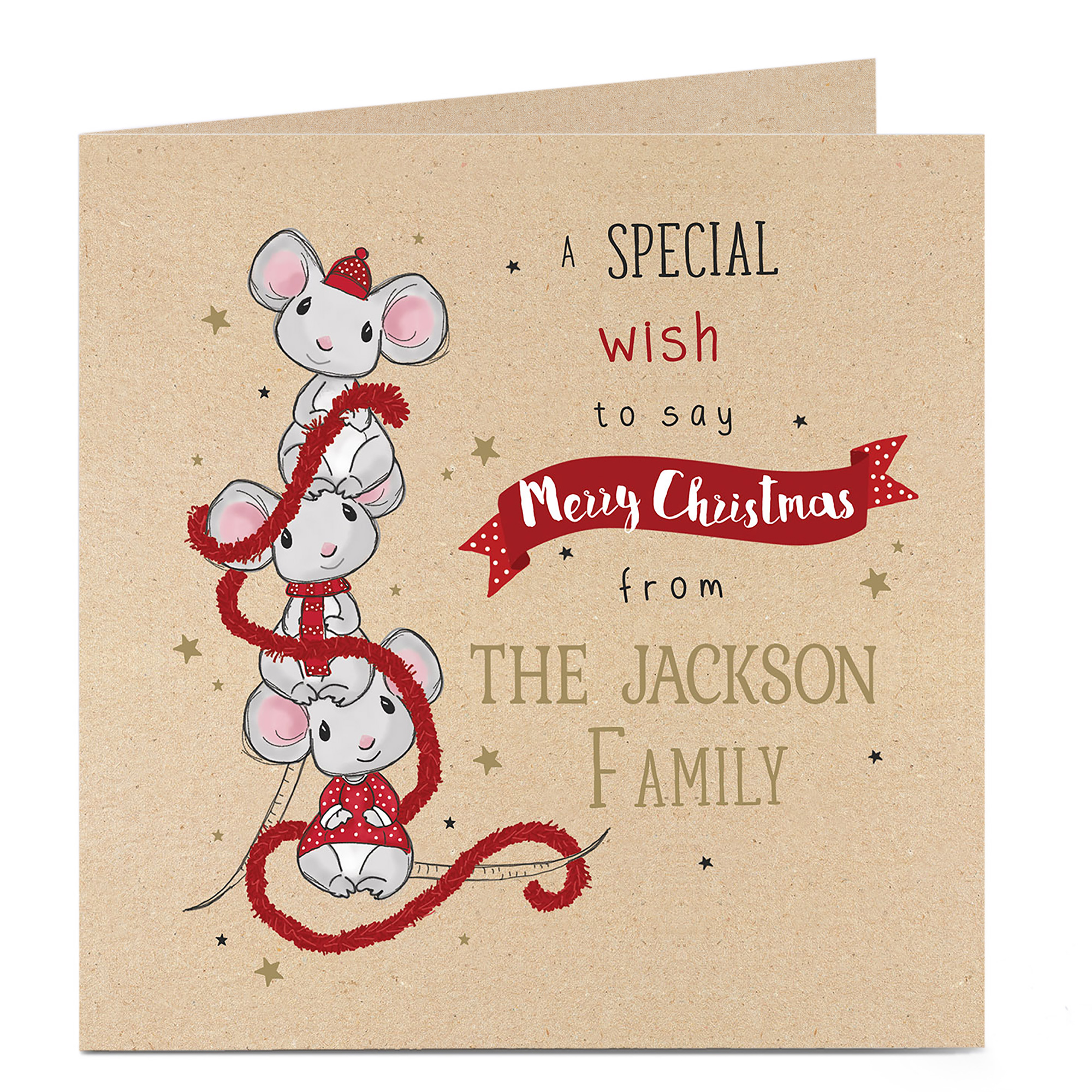 Personalised Christmas Card - Three Festive Mice With Tinsel