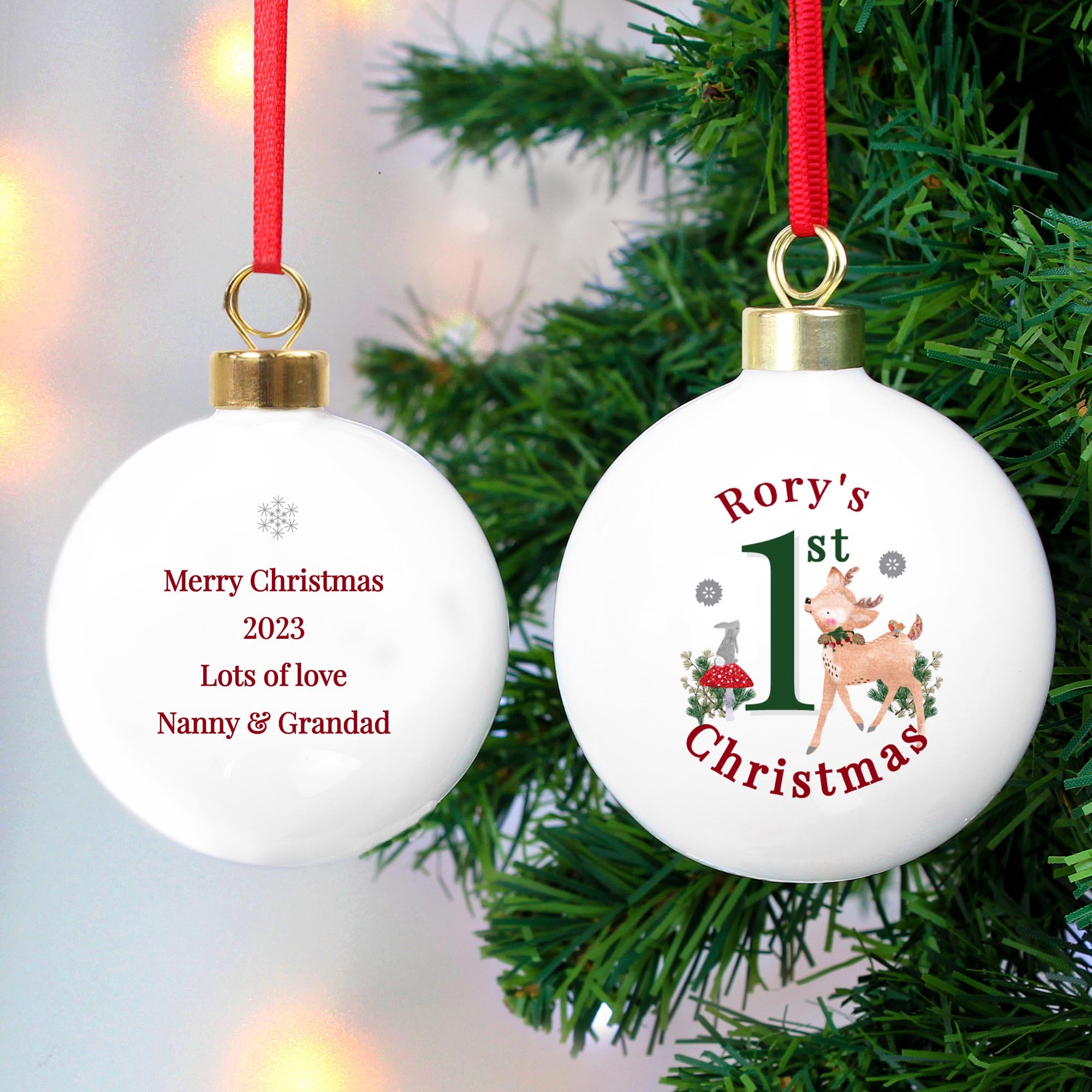 Personalised 1st Christmas Festive Fawn Bauble,  Personalised 1st Christmas Festive Fawn Bauble