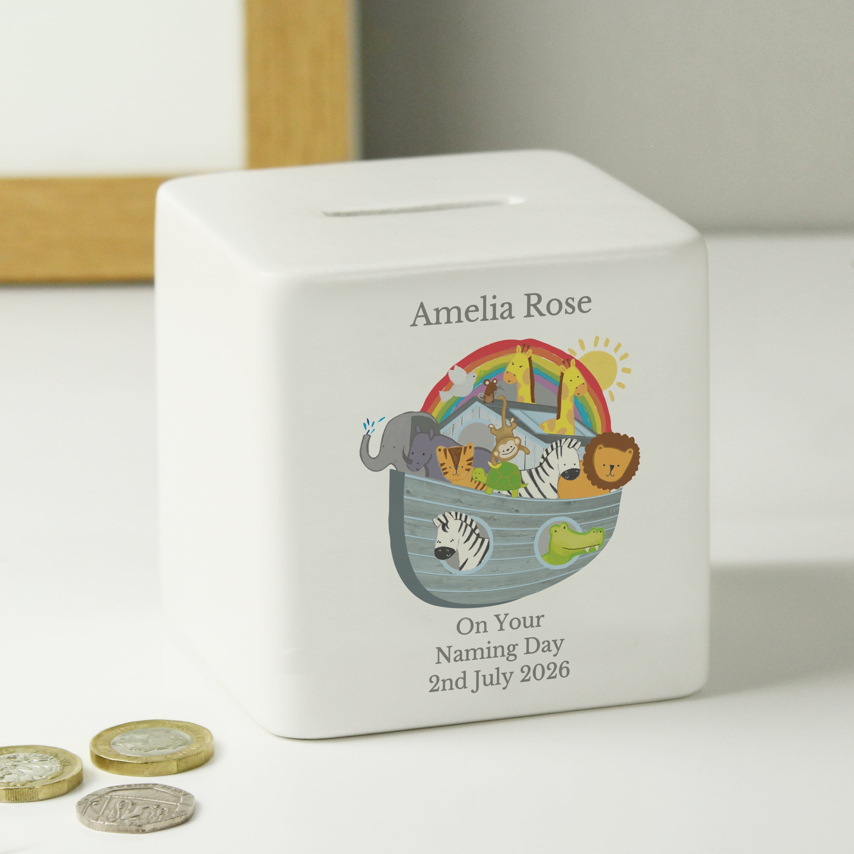 Personalised Noahs Ark Ceramic Square Money Box