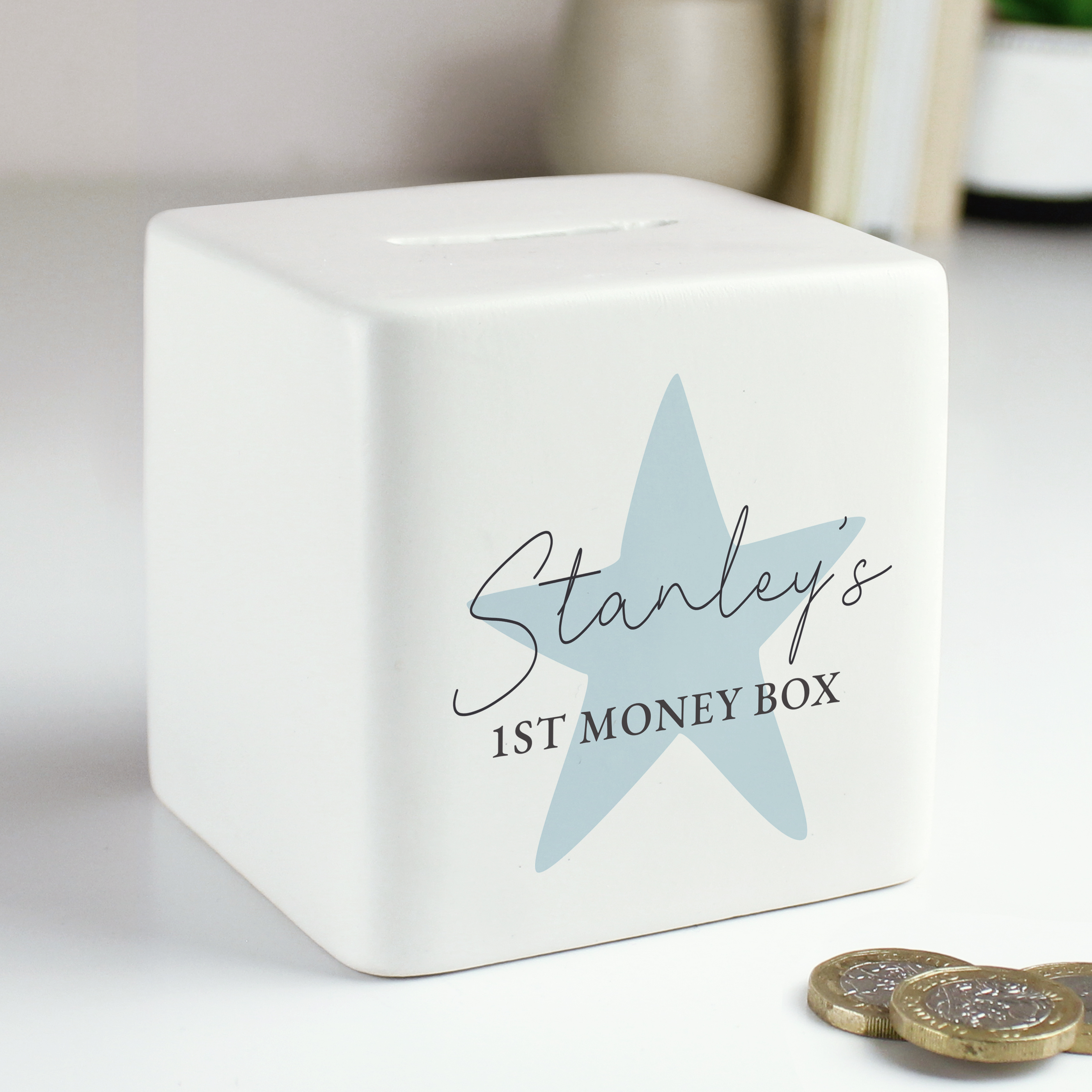Image of Personalised Blue Star Ceramic Square Money Box