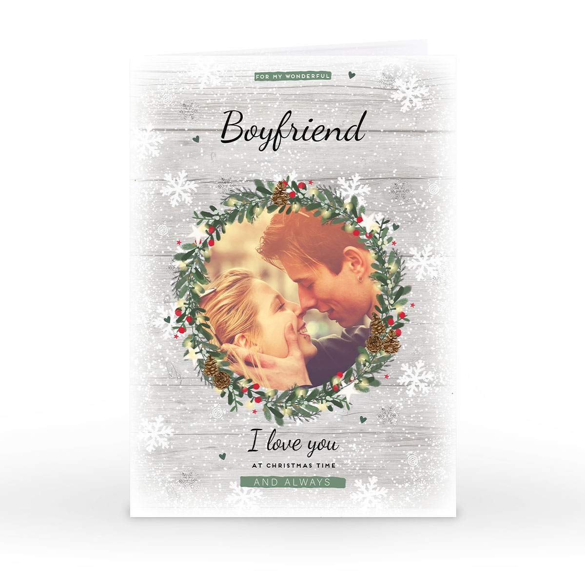 Photo Christmas Card - Wreath & Snowflakes, Boyfriend