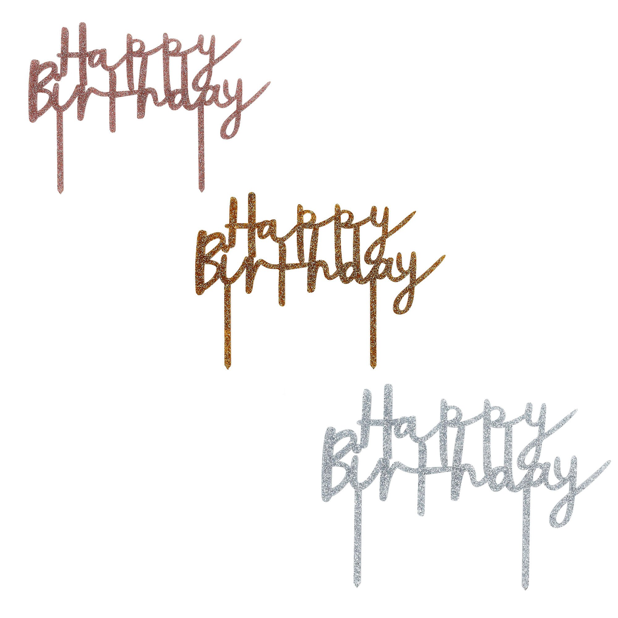 Metallic Happy Birthday Glitter Acrylic Cake Topper (3 Colour Options)