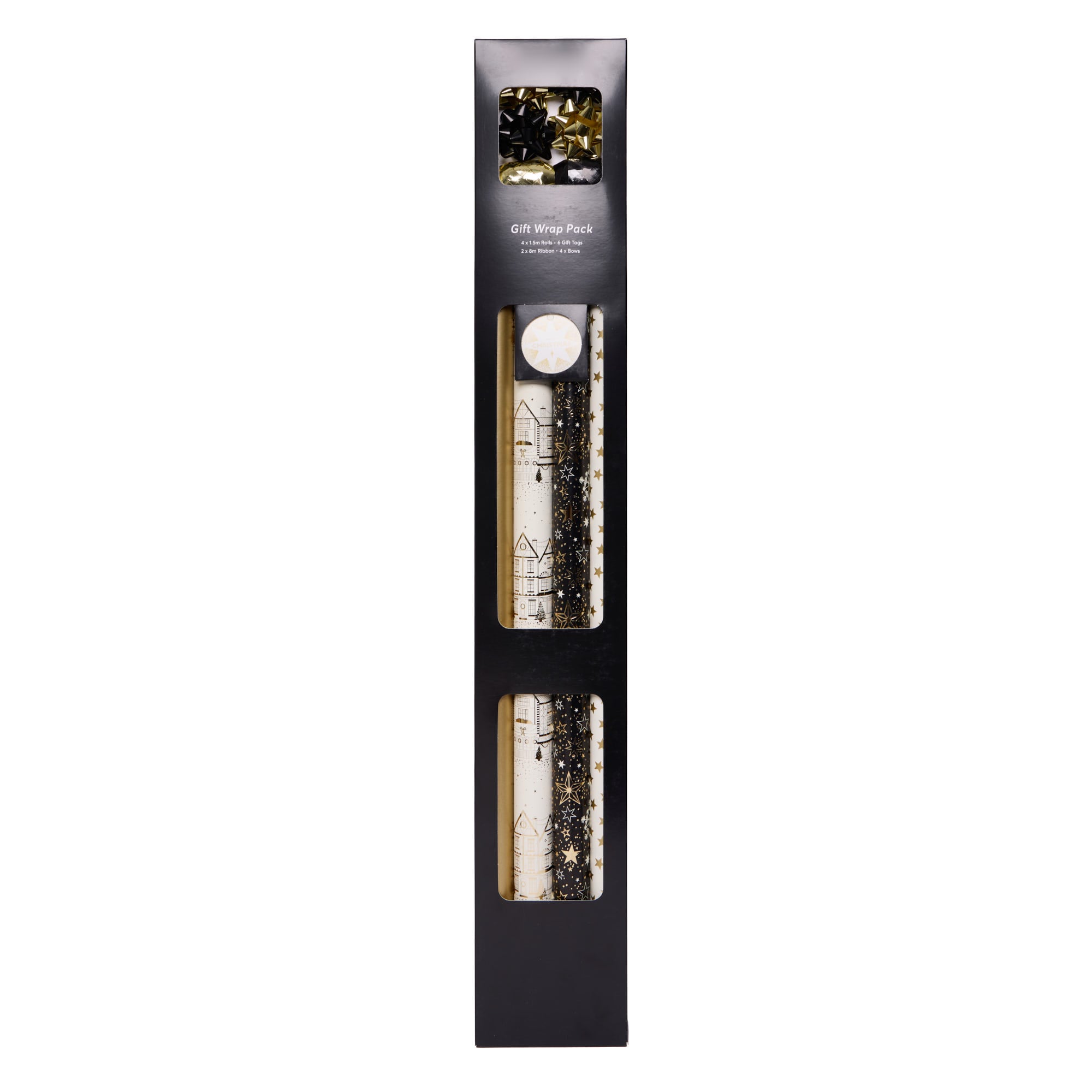 Black & Gold Christmas Gift Wrap Packs - 12 Rolls & Accessories