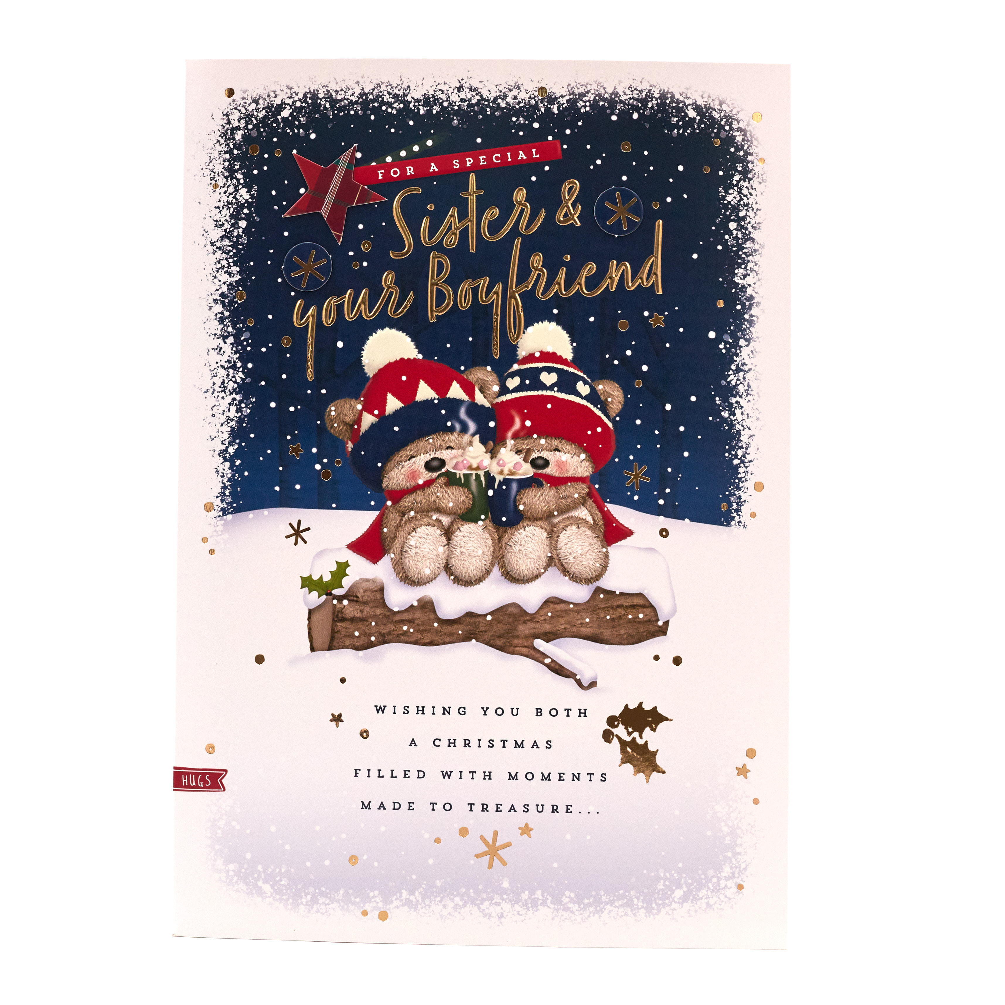 Hugs Bear Christmas Card - Sister And Boyfriend, Cute Bears With Hot Chocolate