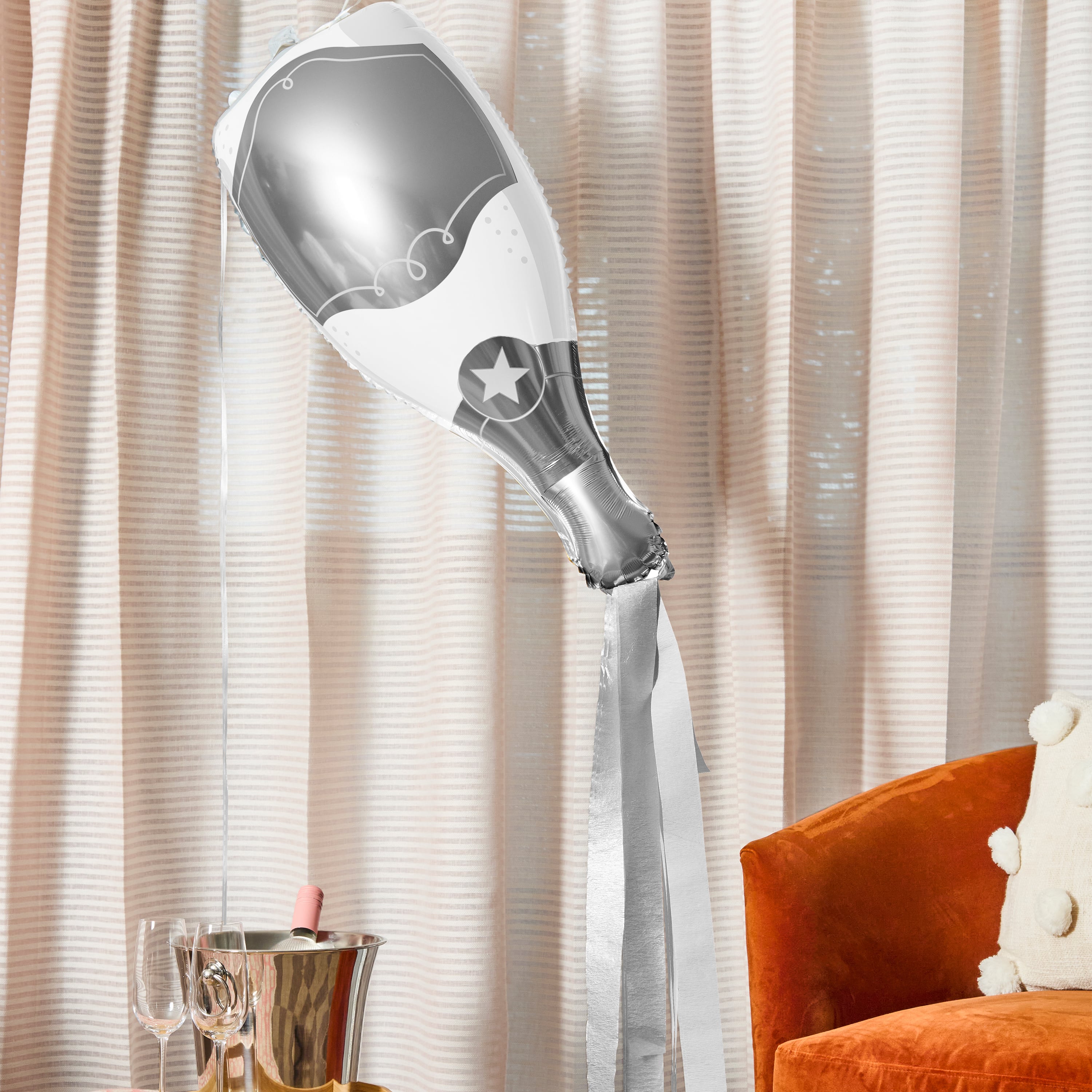 Metallic Silver Champagne Bottle Foil Balloon & Tassels