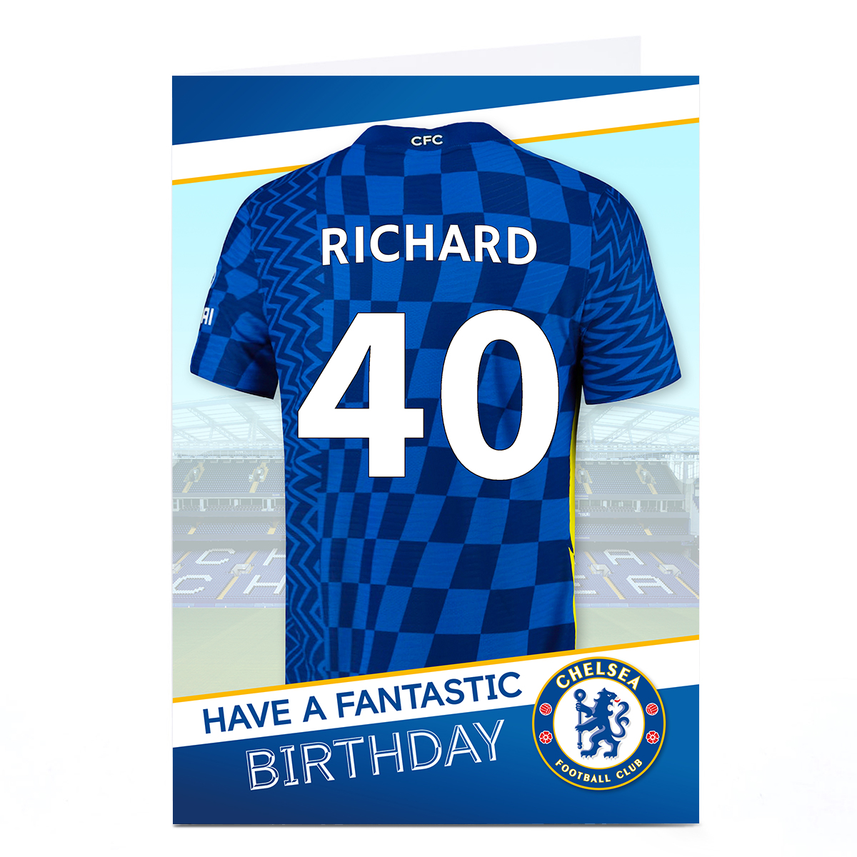 Personalised Chelsea FC Shirt Birthday Card, Editable Age & Recipient