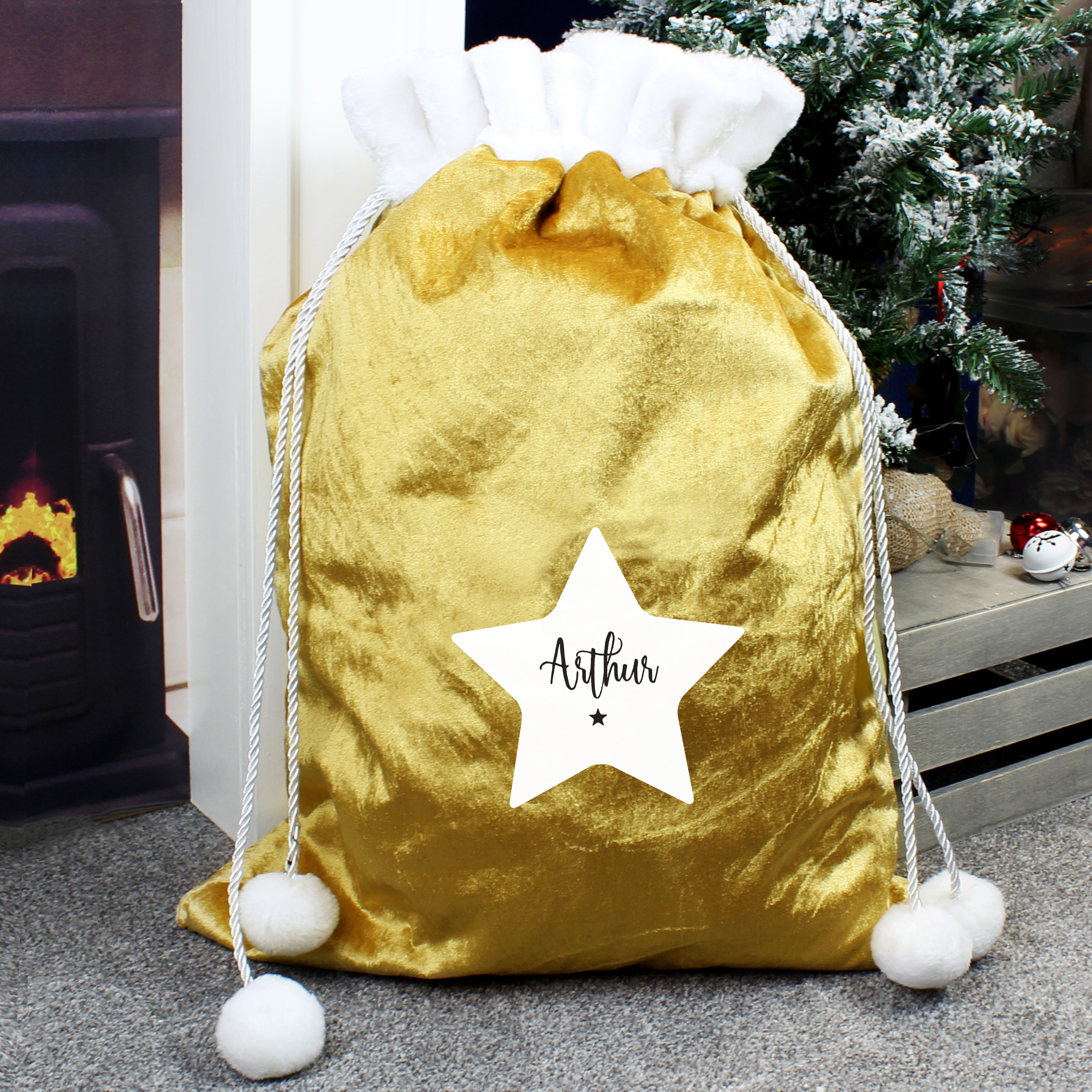 Personalised Star Luxury Pom-Pom Gold Sack