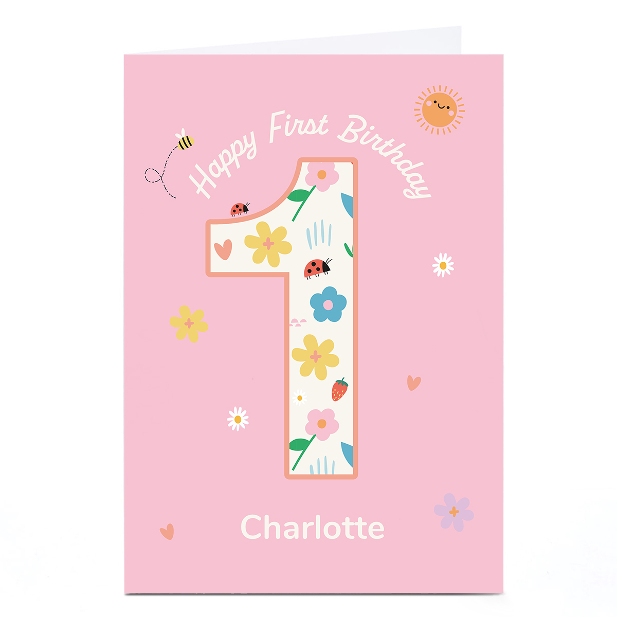 Personalised Frances Wilson 1st Birthday Card - Flowers & Bugs