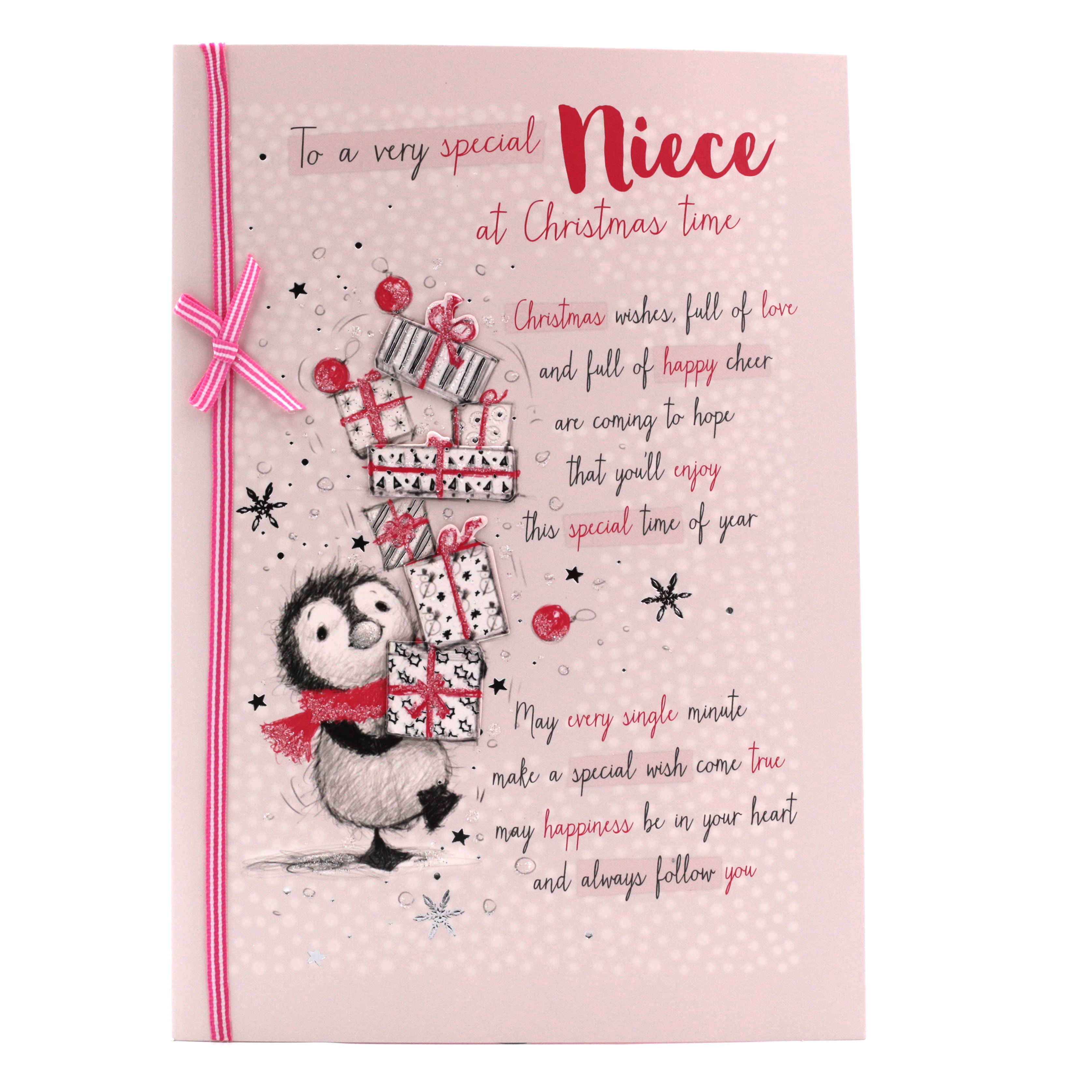 Christmas Card - Special Niece Pink Penguin