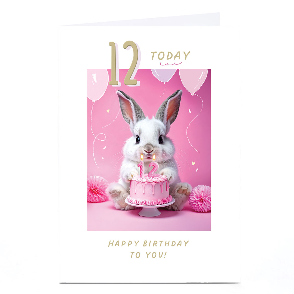 12th Birthday Card - Cute Pink Bunny and Cake