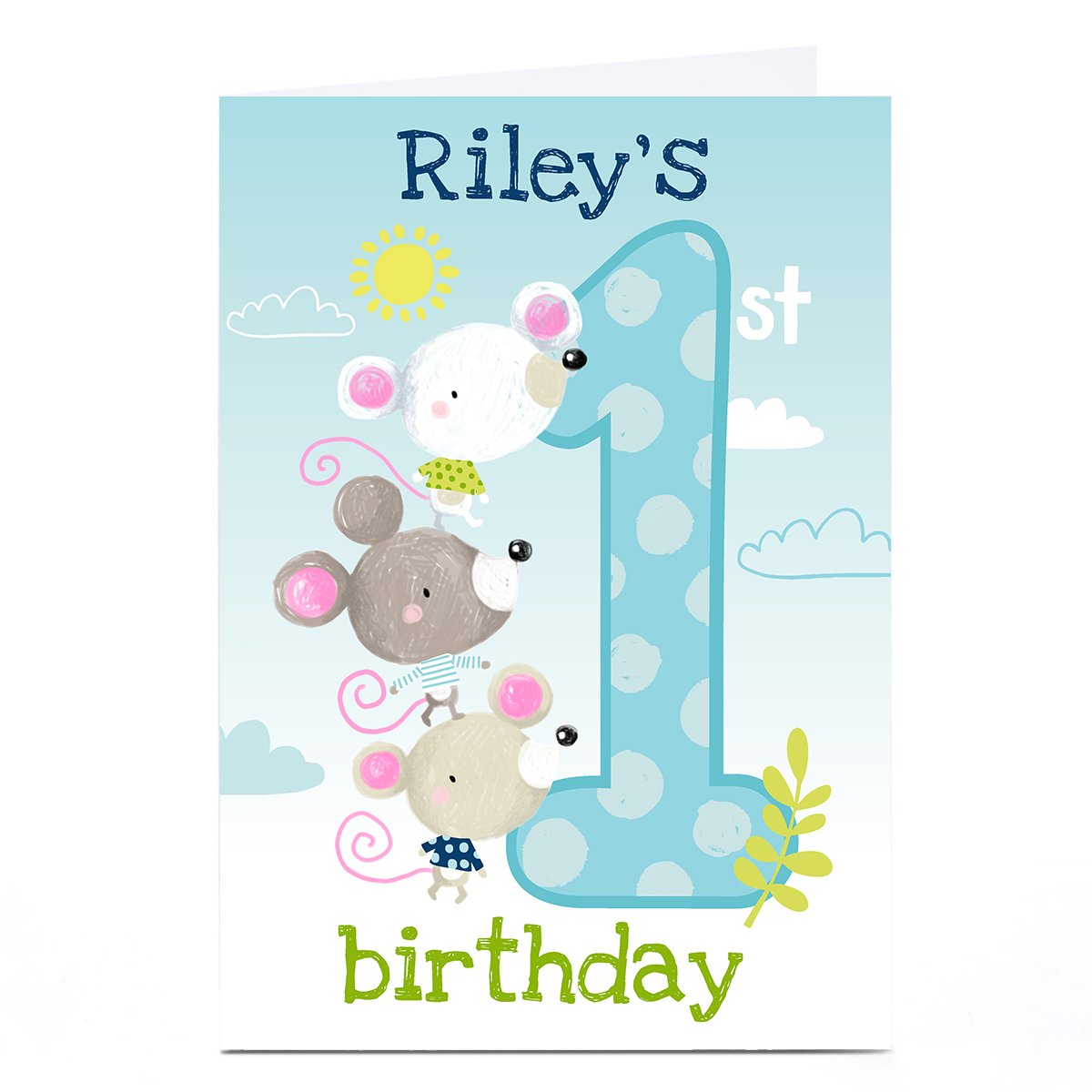 Personalised Bev Hopwood 1st Birthday Card - Mice, Blue