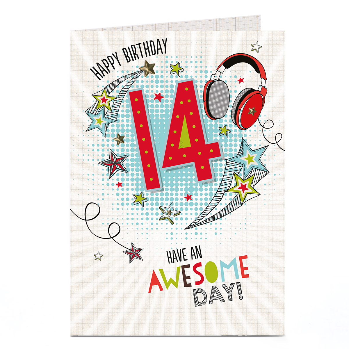 14th Birthday Card - Awesome Day Stars and Headphones