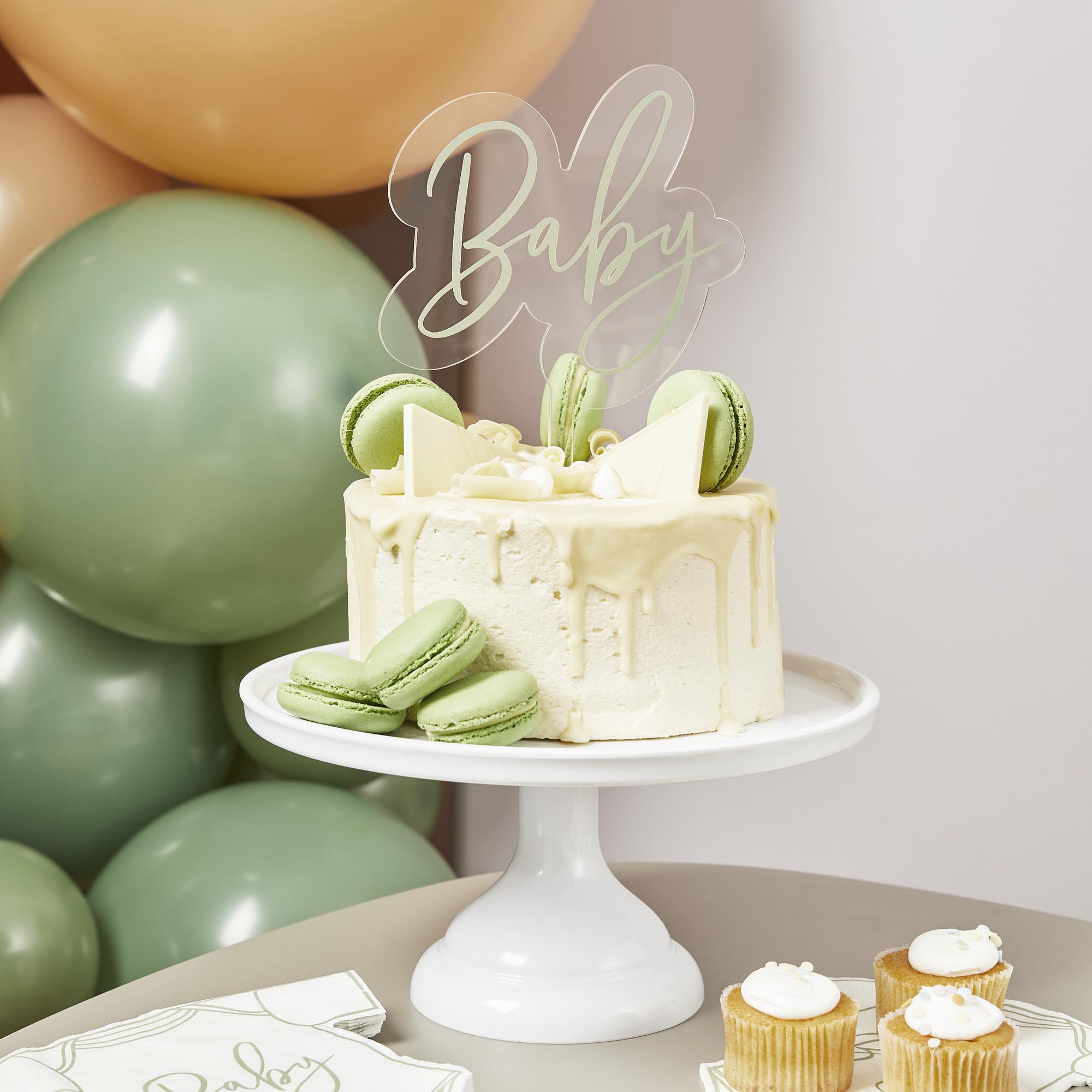 Image of Sage Baby Acrylic Cake Topper | Elegant Green and White Design | Perfect for Baby Shower Cakes | Durable Acrylic Material | 20cm x 13cm