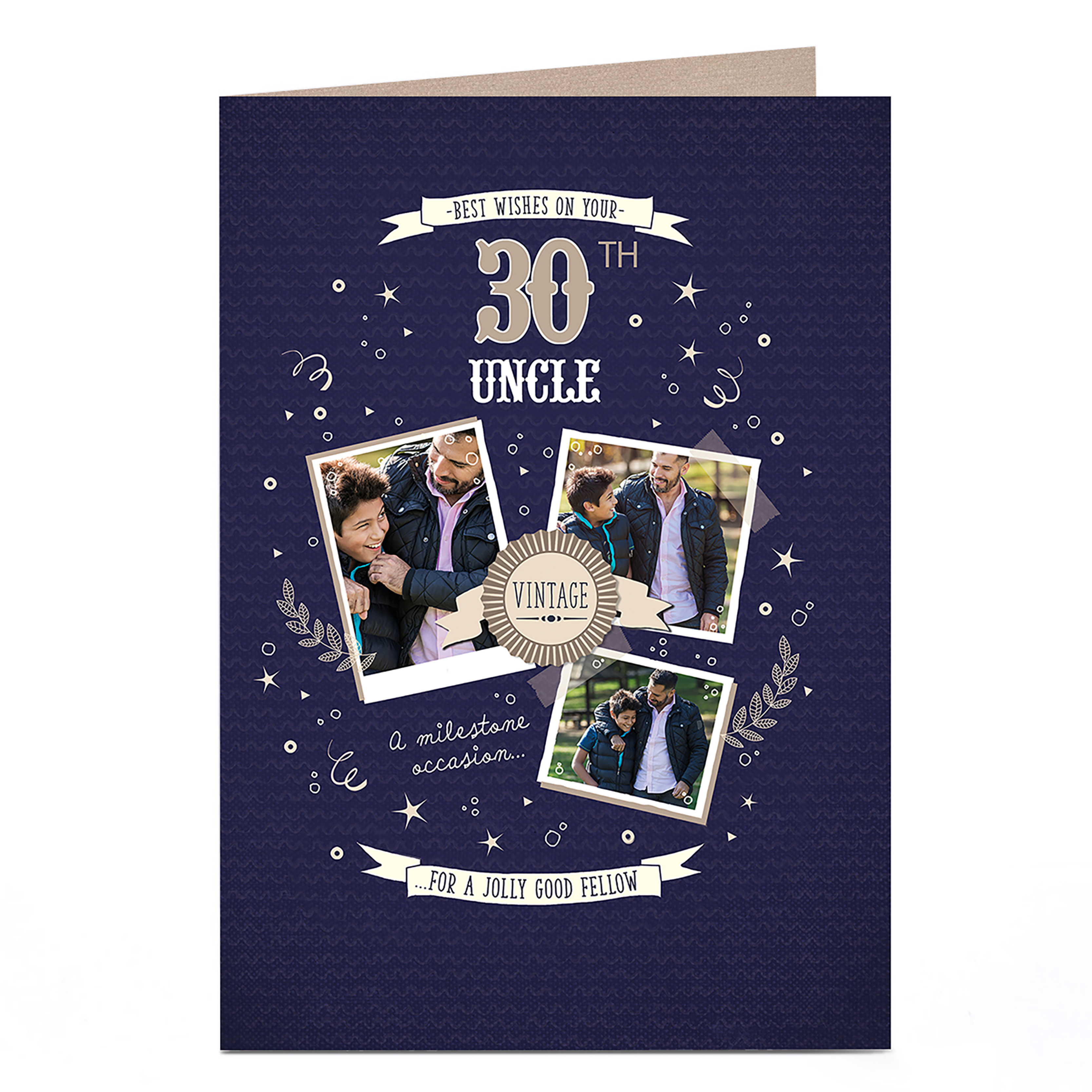  Photo Birthday Card - Vintage Gold Uncle, Editable Age