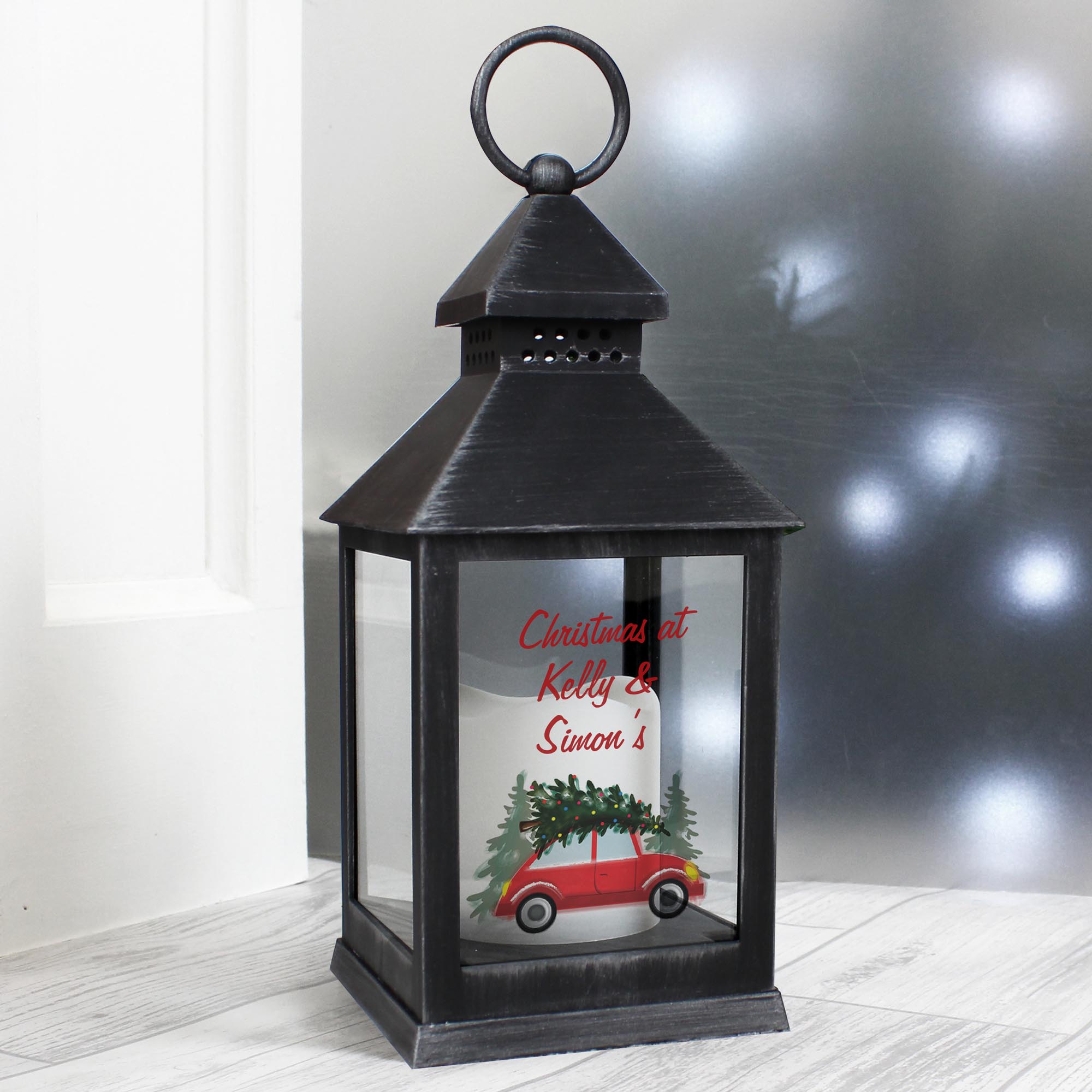 Personalised 'Driving Home For Christmas' Rustic Black Lantern,  Personalised 'Driving Home For Christmas' Rustic Black Lantern