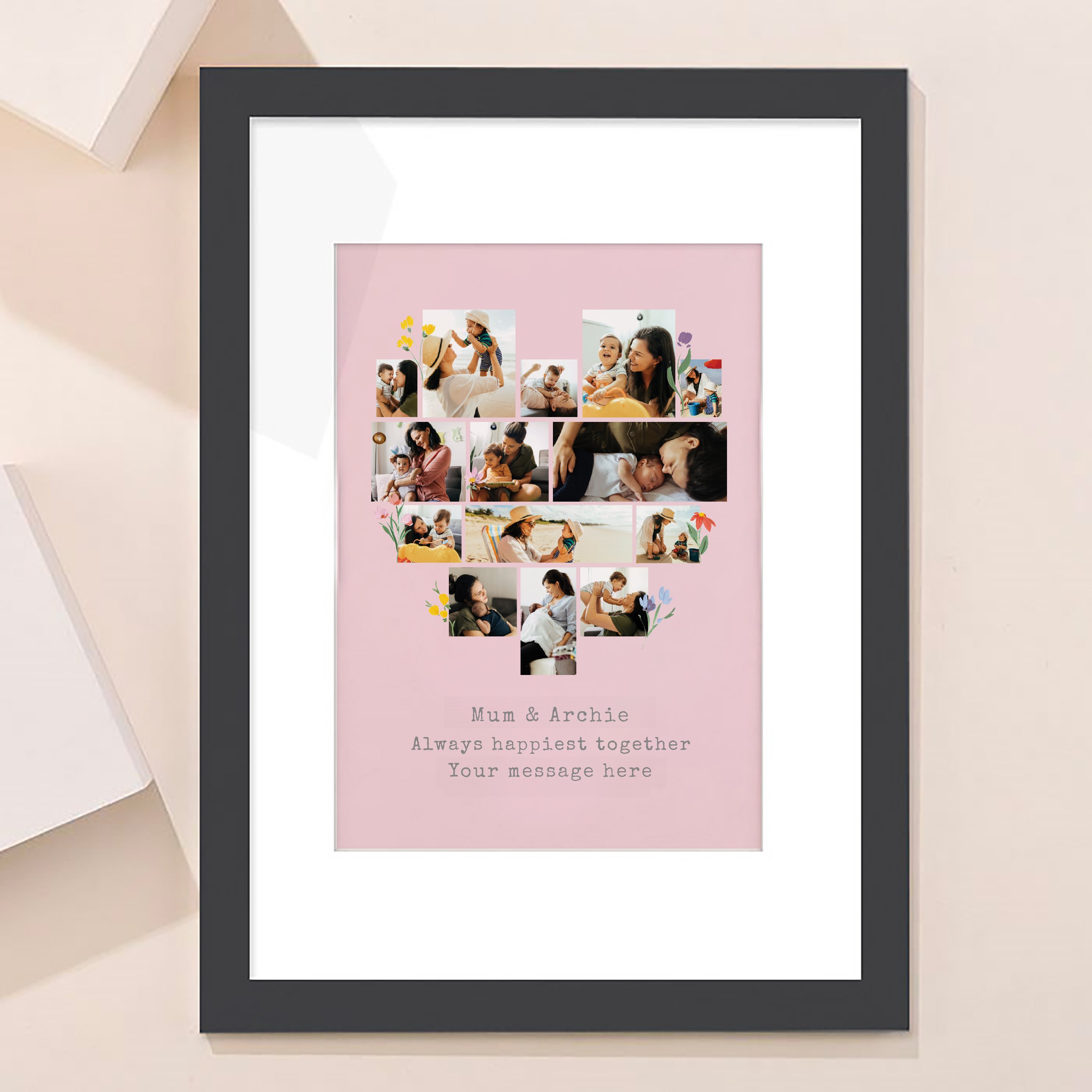 Multi Photo Framed Heart Print -  Pink with Flowers