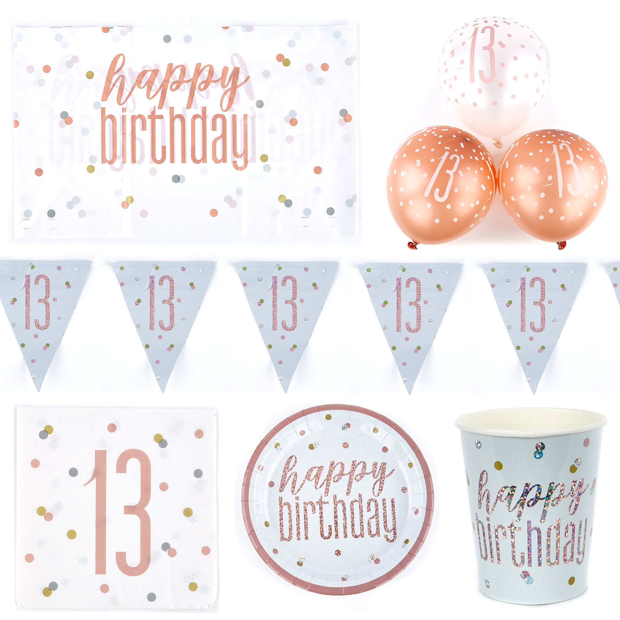 Rose Gold 13th Birthday Tableware & Decoration Bundle - 78 pieces