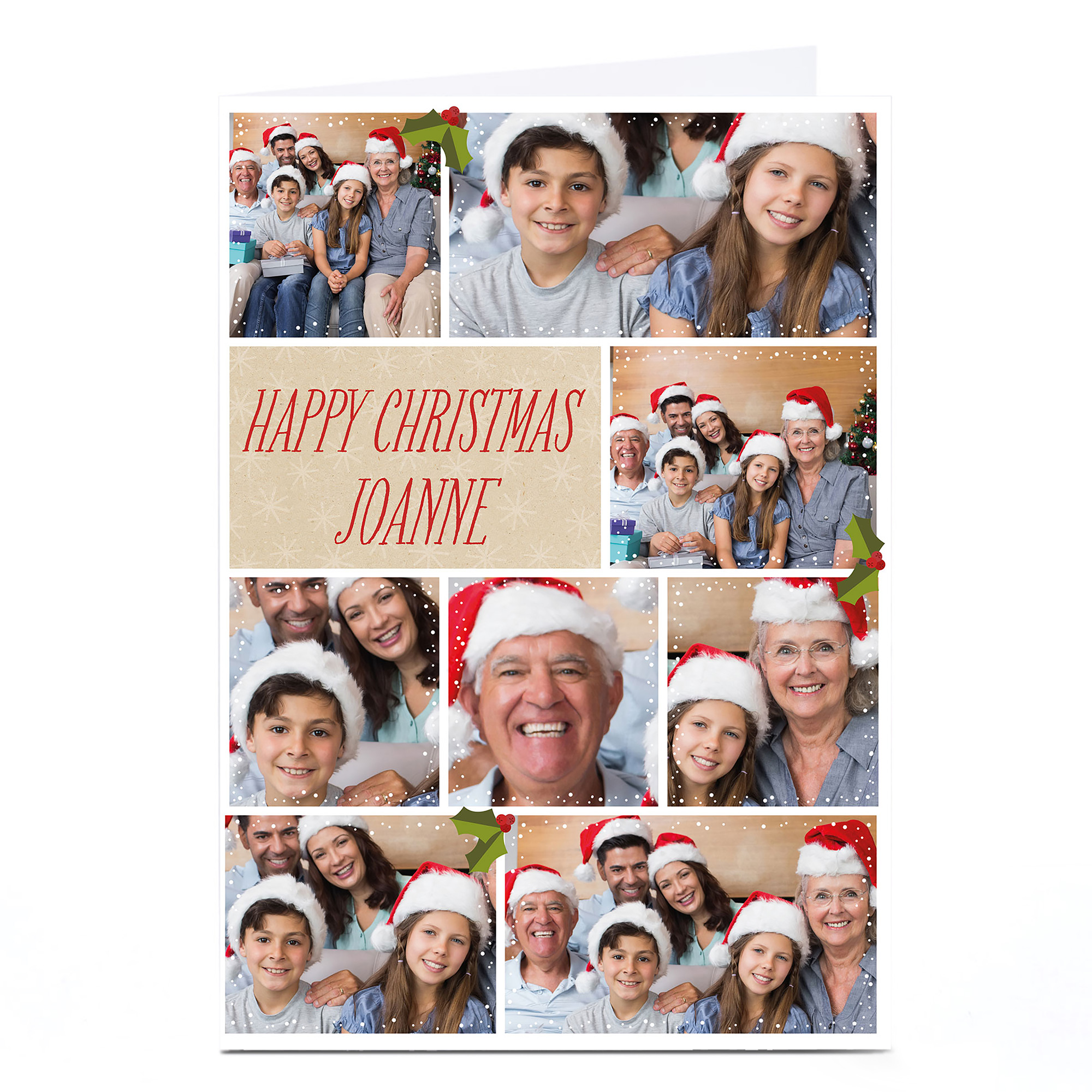 Multi Photo Christmas Card - Eight Photos With Holly Berries