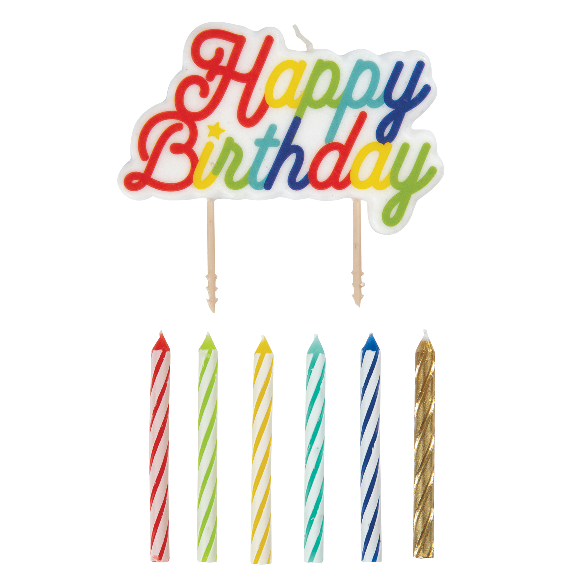12 Multicoloured Cake Candles & Large Happy Birthday"" Candle Pack