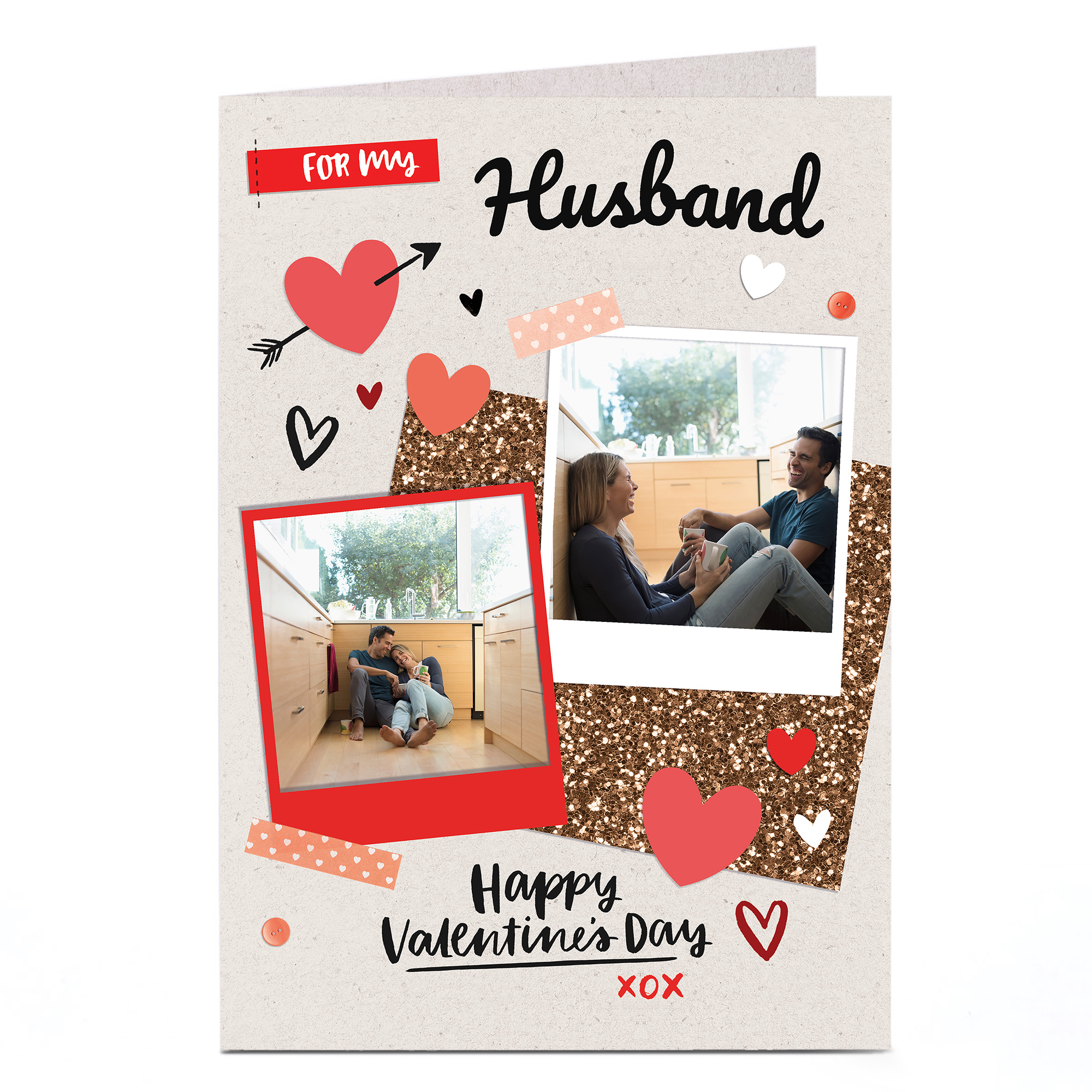 Photo Upload Valentine's Card - Red Hearts & Polaroids, Husband