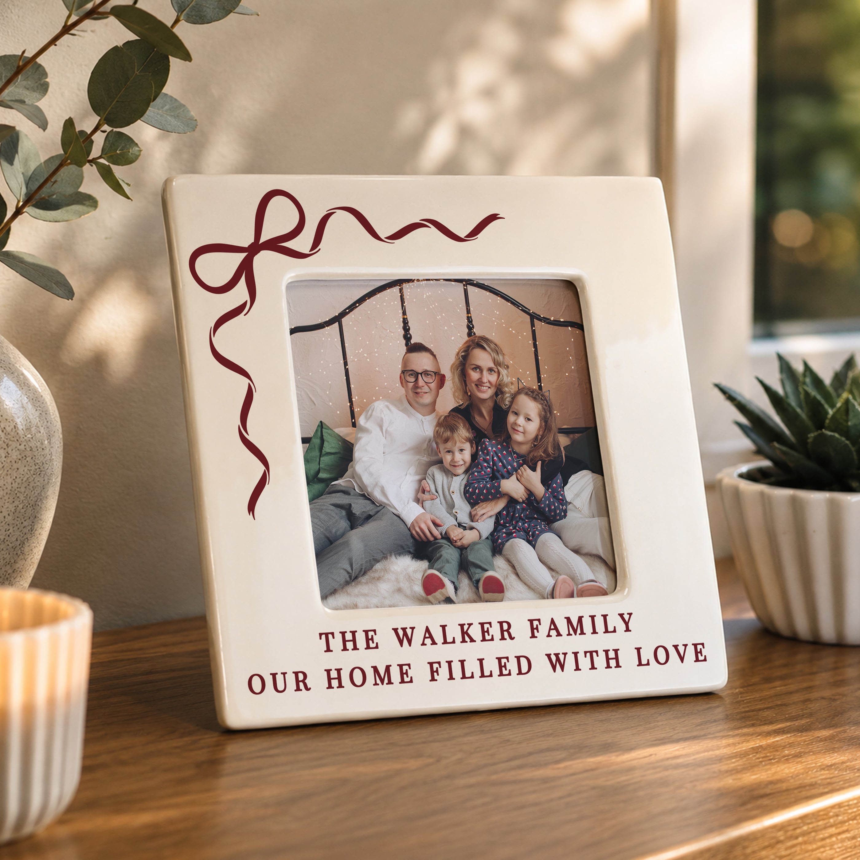 Personalised Red Bow Ceramic 4x4-Inch Photo Frame