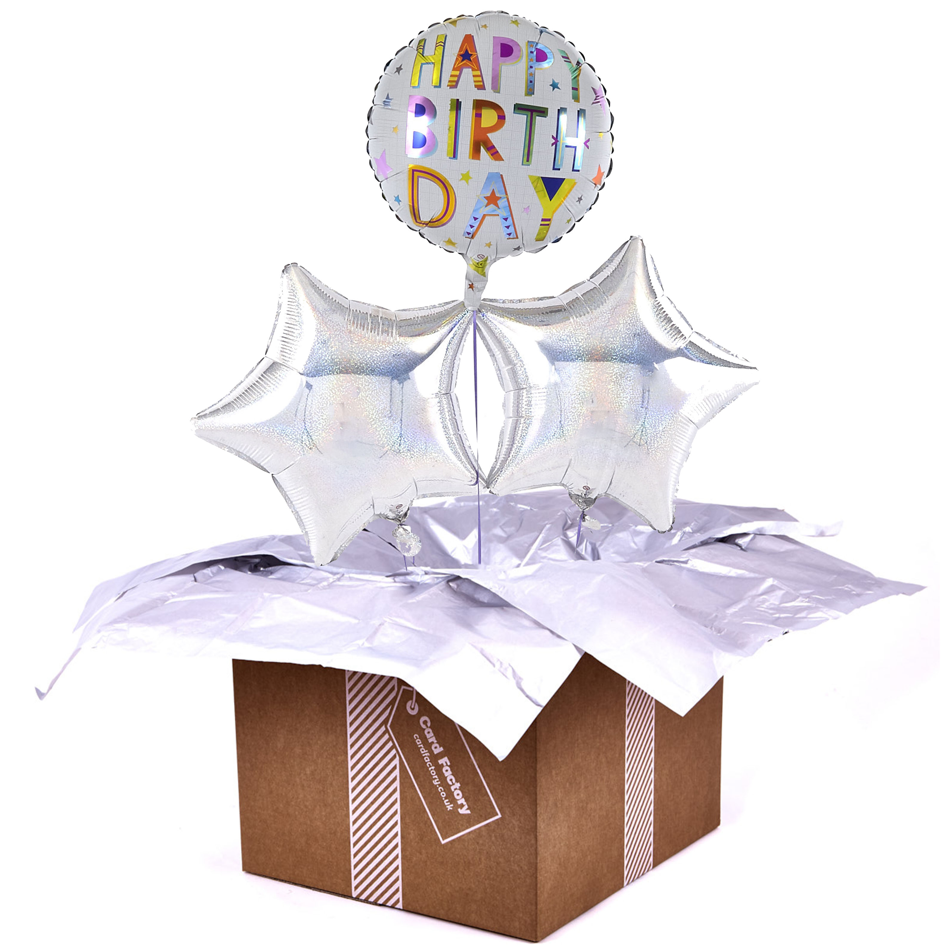 Happy Birthday Square Text Silver Balloon Bouquet - DELIVERED INFLATED!