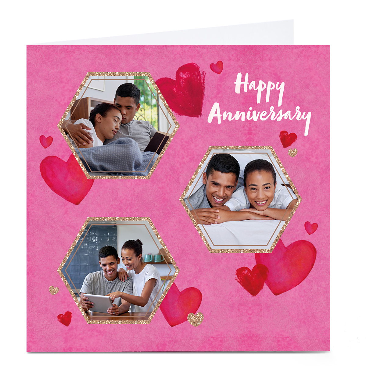 Personalised Anniversary Photo Card - Hearts & Glitter Hexagons