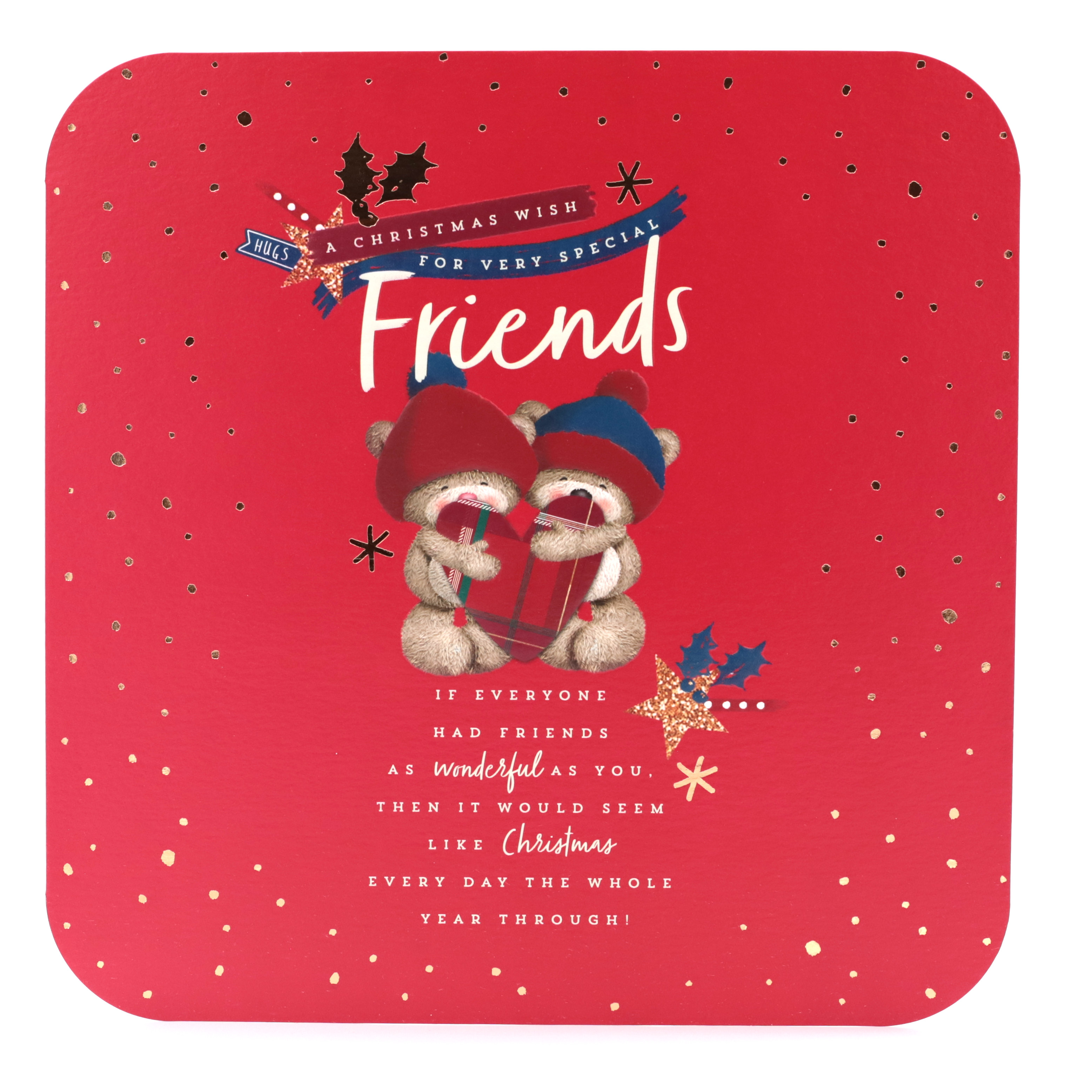 Hugs Bear Christmas Card - Friends, Cute Bears With Present