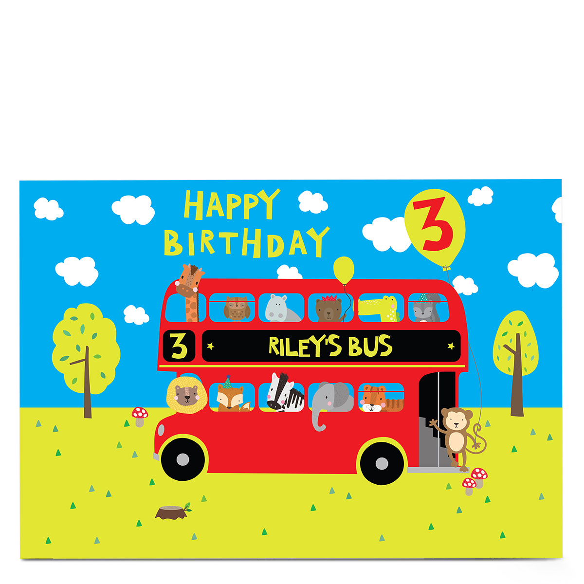 Personalised Editable Age Birthday Card - Animals On The Bus