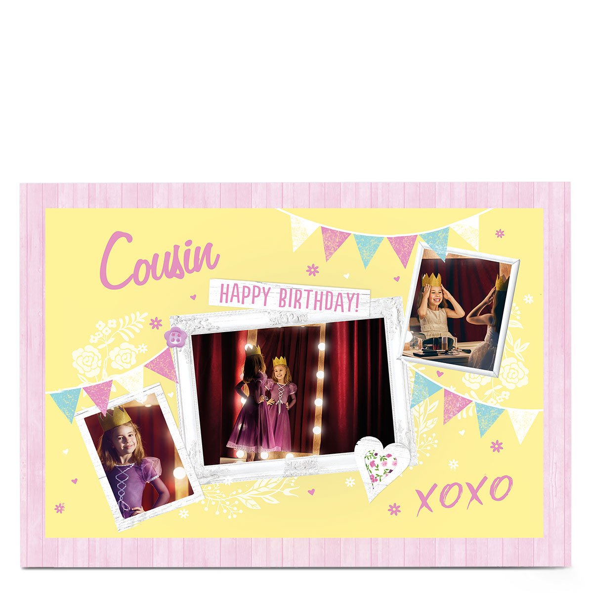 Photo Birthday Card - Cousin, Yellow & Pink Bunting