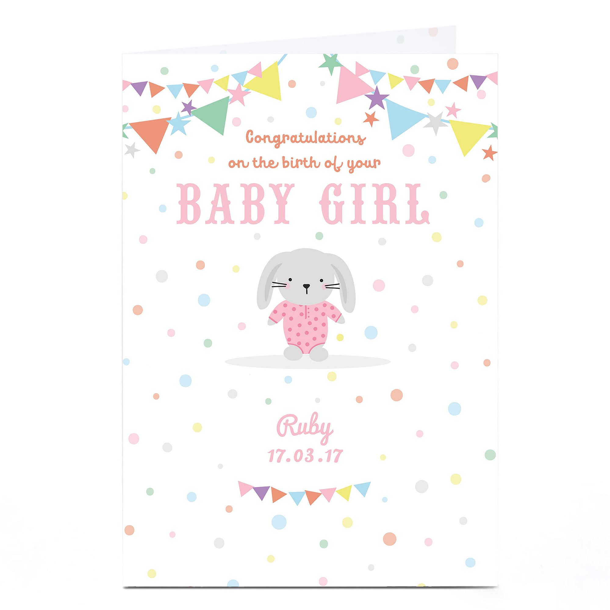 Personalised New Baby Card - Pink Girl Rabbit