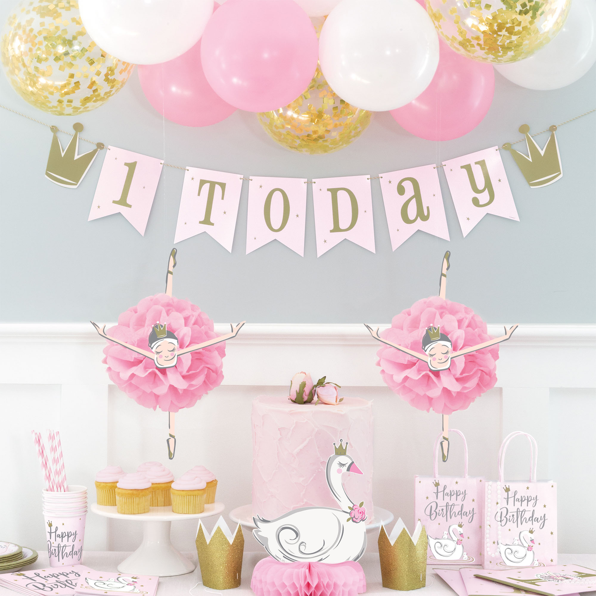 Ballerina 1st Birthday Party Tableware & Decorations - 16 Guests