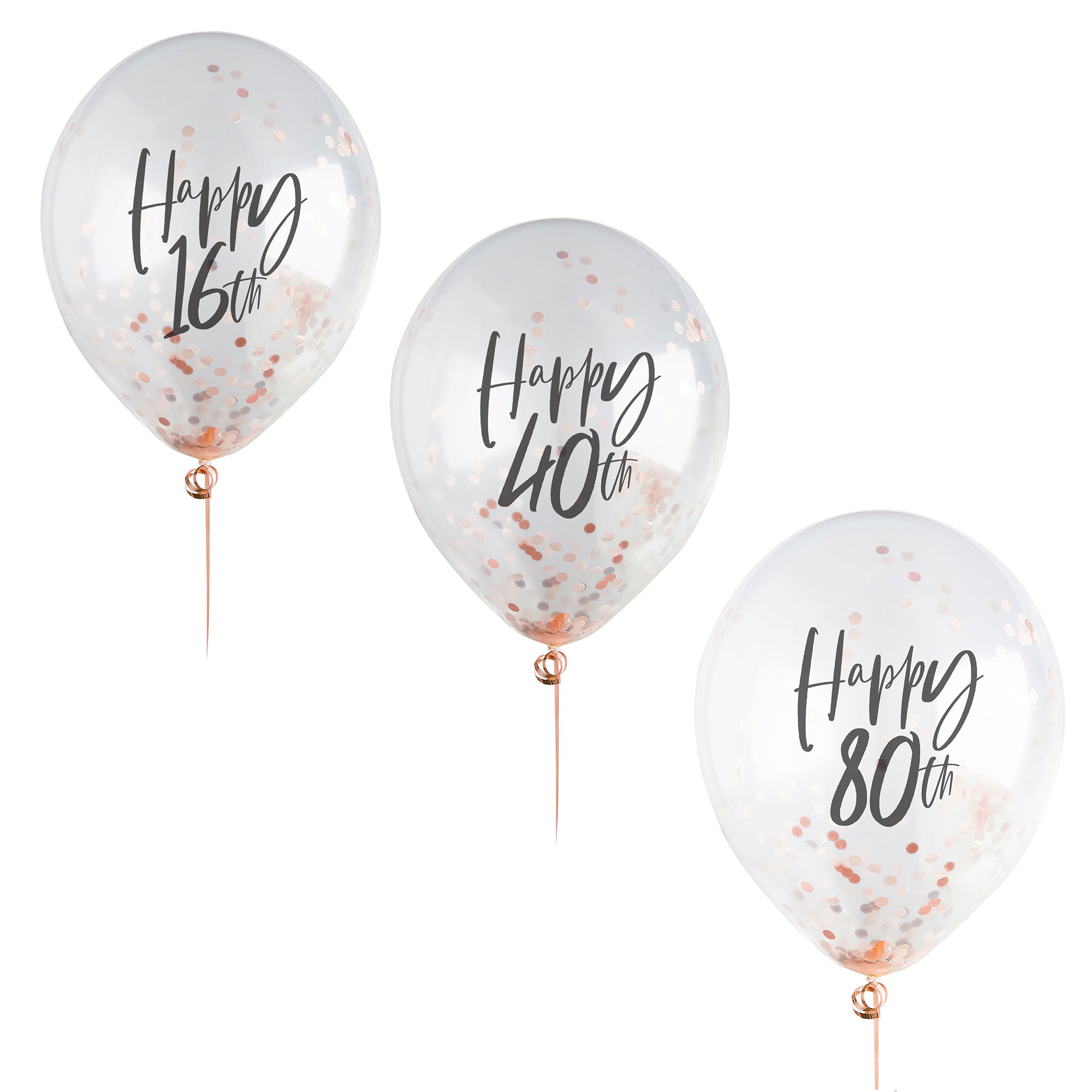 Rose Gold Metallic Happy Birthday Confetti Latex Balloons - Pack of 5 (Any Milestone)