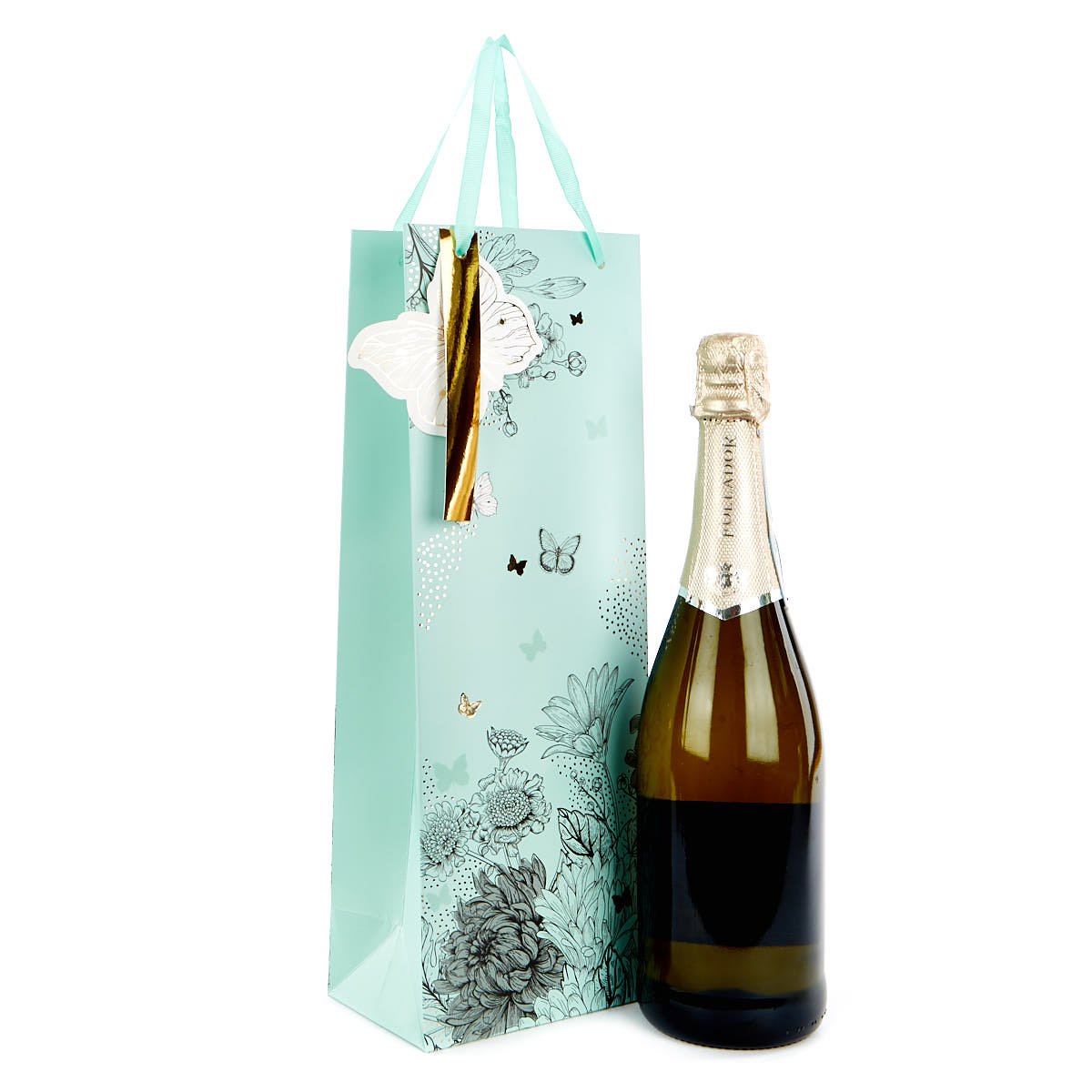 Mint Floral Bottle Bag With Gold Butterflies